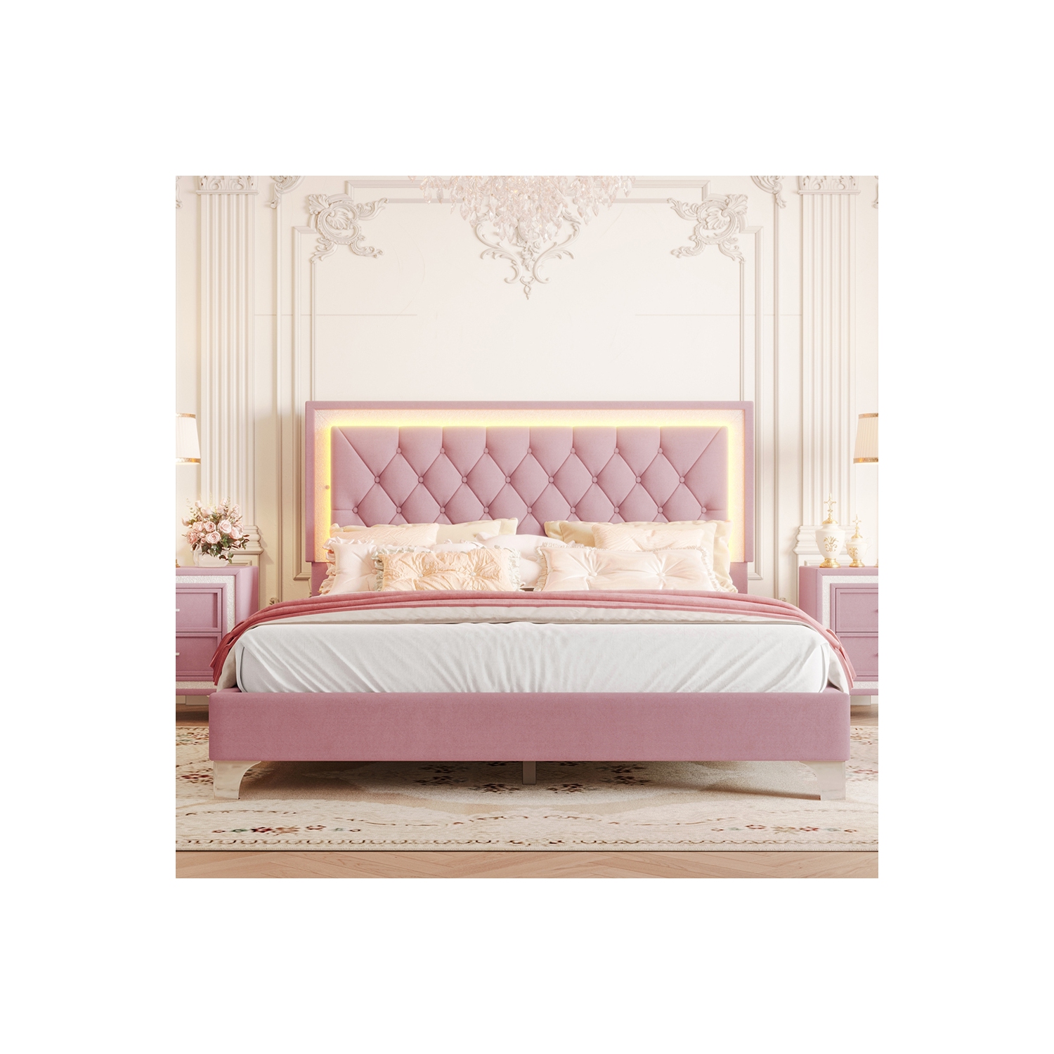 Cadre de grand lit rembourré, éclairage LED, lit plateforme moderne en velours et tête de lit capitonnée Kepooman - Rose