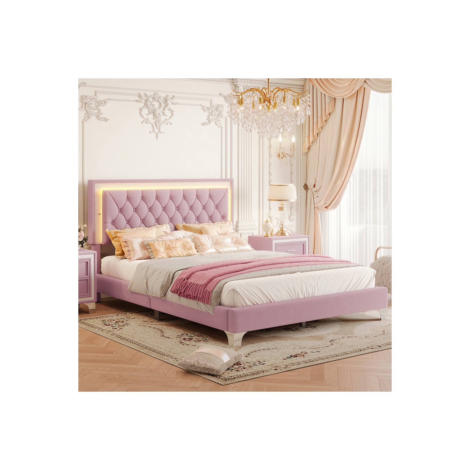 Cadre de grand lit rembourré, éclairage LED, lit plateforme moderne en velours et tête de lit capitonnée Kepooman - Rose