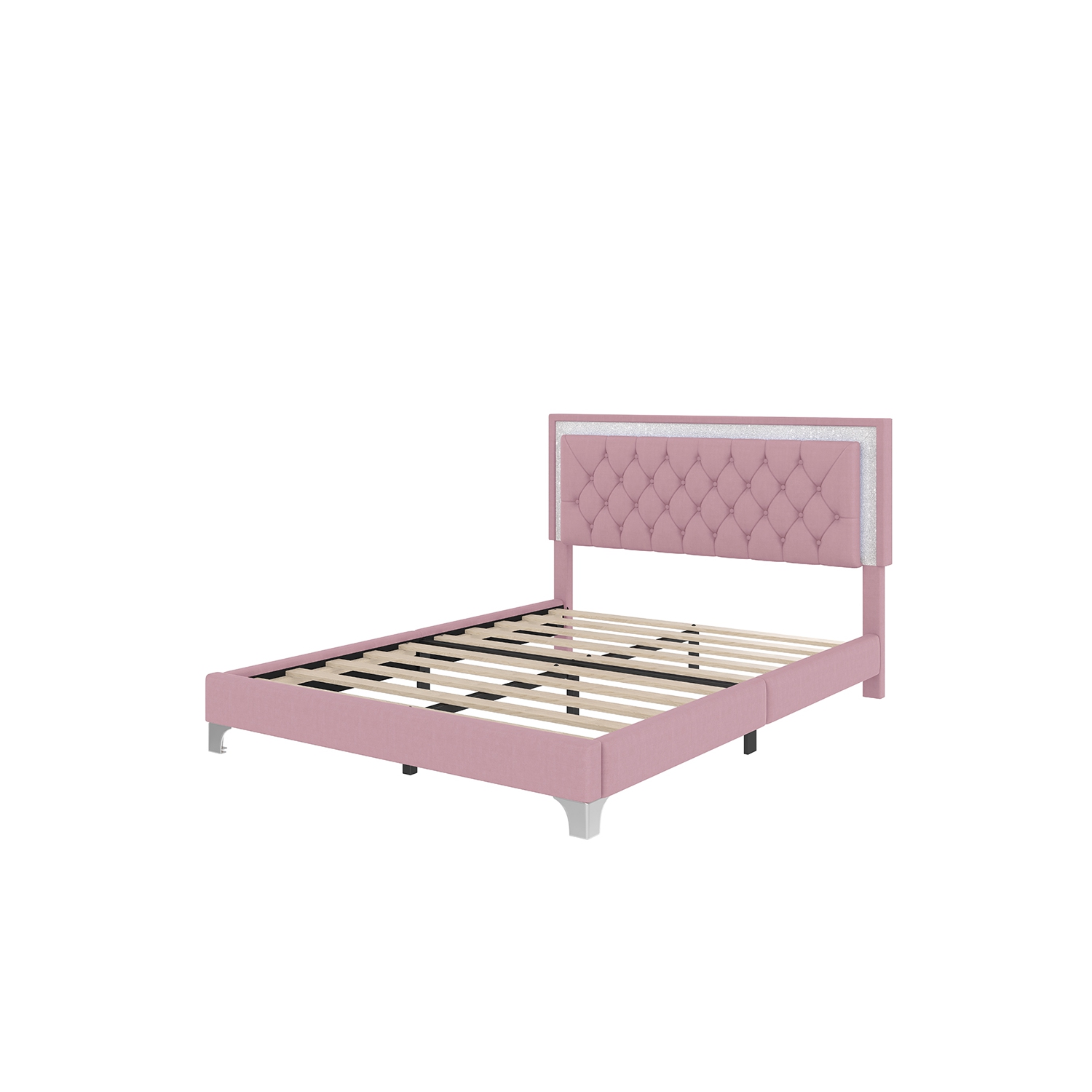 Cadre de grand lit rembourré, éclairage LED, lit plateforme moderne en velours et tête de lit capitonnée Kepooman - Rose