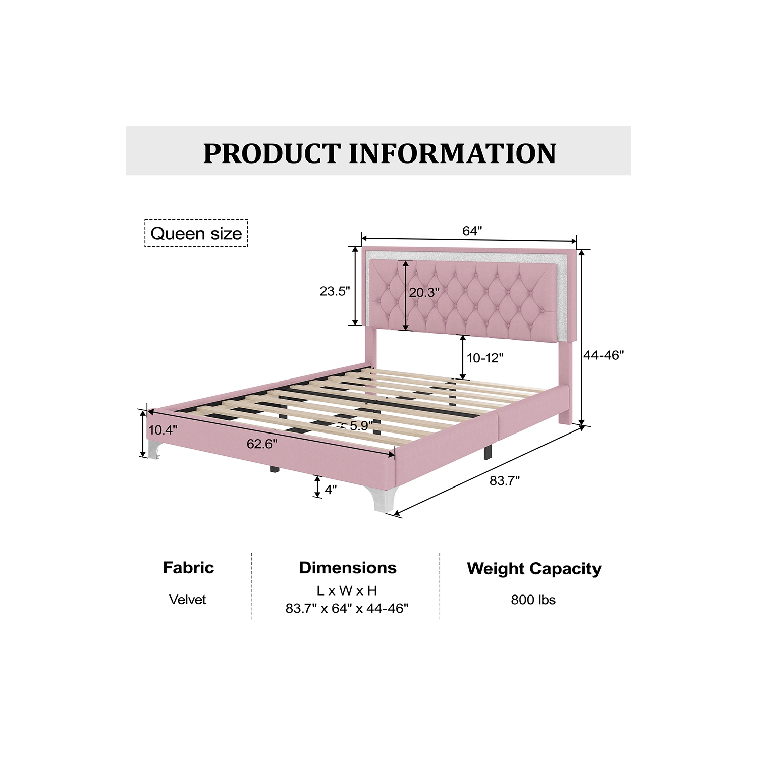 Cadre de grand lit rembourré, éclairage LED, lit plateforme moderne en velours et tête de lit capitonnée Kepooman - Rose