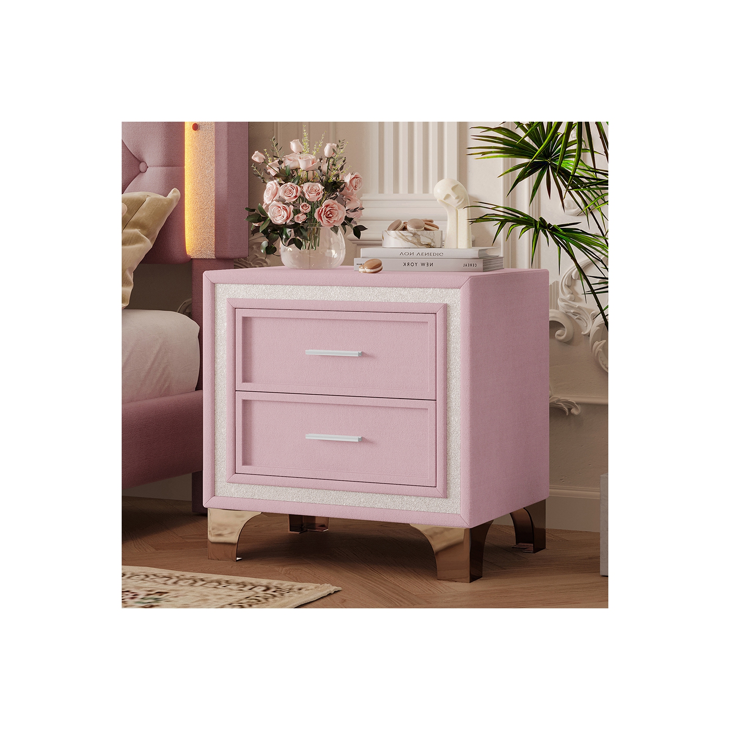 Table de chevet rétro mi-siècle Kepooman, bordure argentée scintillante, pattes métal, table de chevet en velours à 2 tiroirs - Rose