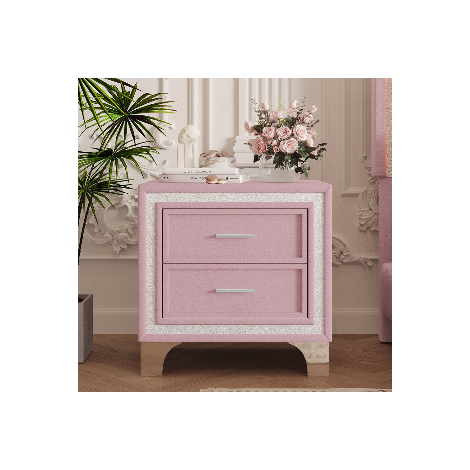 Table de chevet rétro mi-siècle Kepooman, bordure argentée scintillante, pattes métal, table de chevet en velours à 2 tiroirs - Rose