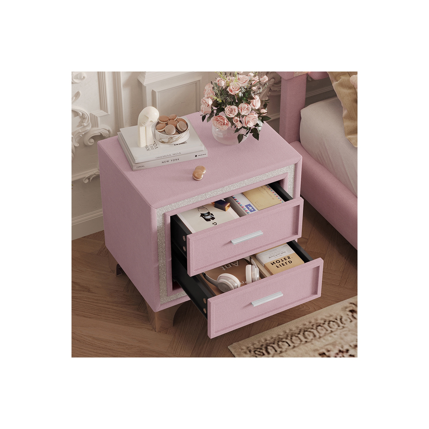 Table de chevet rétro mi-siècle Kepooman, bordure argentée scintillante, pattes métal, table de chevet en velours à 2 tiroirs - Rose