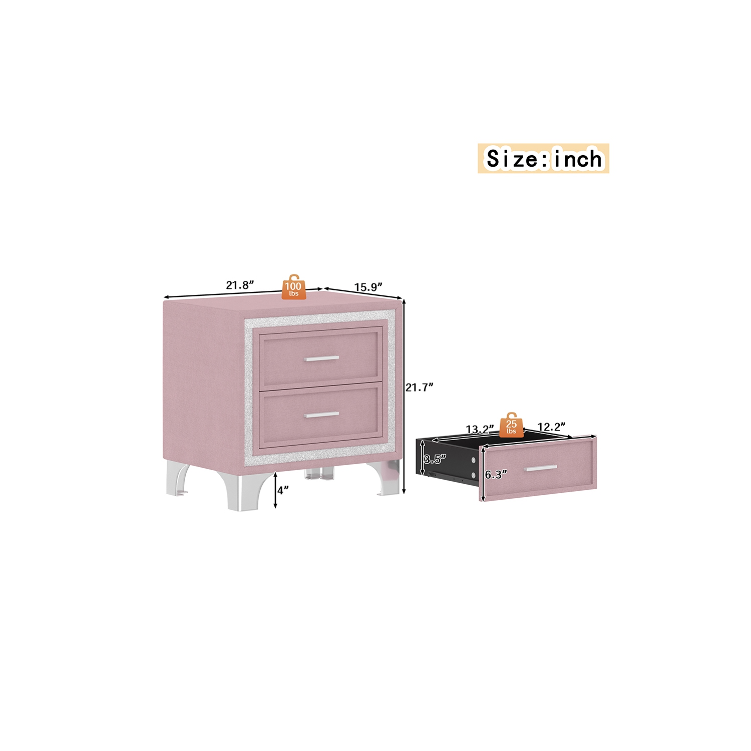 Table de chevet rétro mi-siècle Kepooman, bordure argentée scintillante, pattes métal, table de chevet en velours à 2 tiroirs - Rose