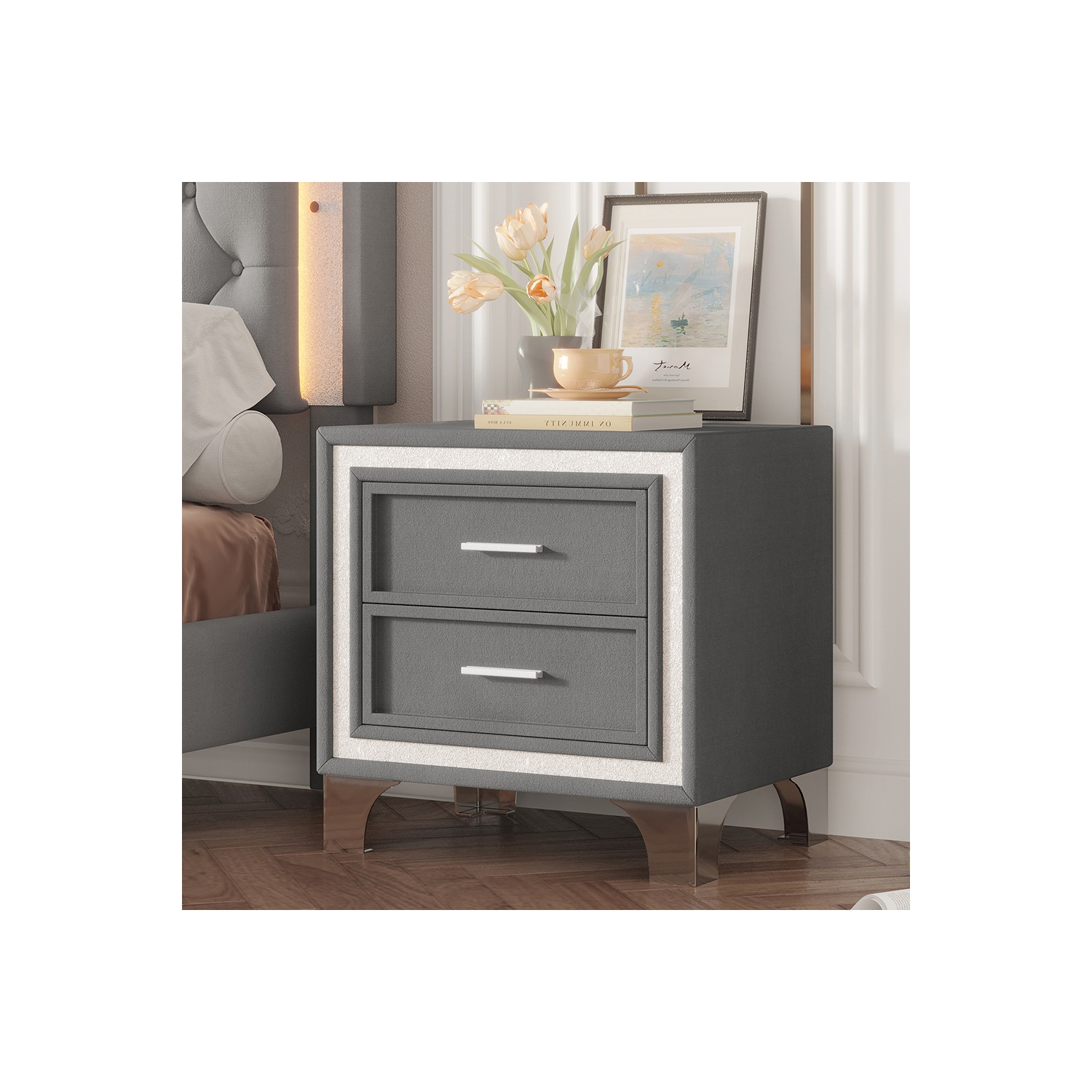 Table de chevet rétro mi-siècle Kepooman, bordure argentée scintillante et pattes en métal, table de chevet en velours à 2 tiroirs - Gris