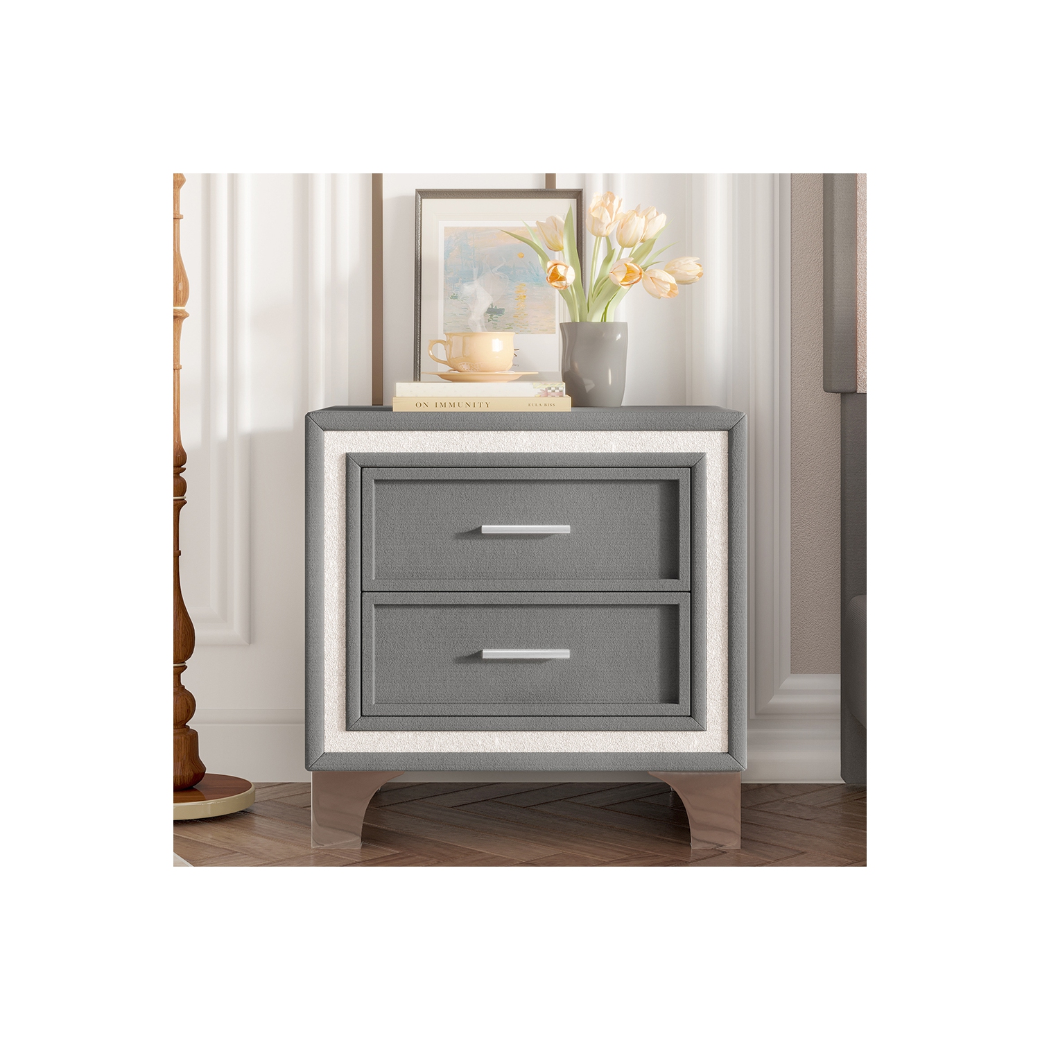 Table de chevet rétro mi-siècle Kepooman, bordure argentée scintillante et pattes en métal, table de chevet en velours à 2 tiroirs - Gris