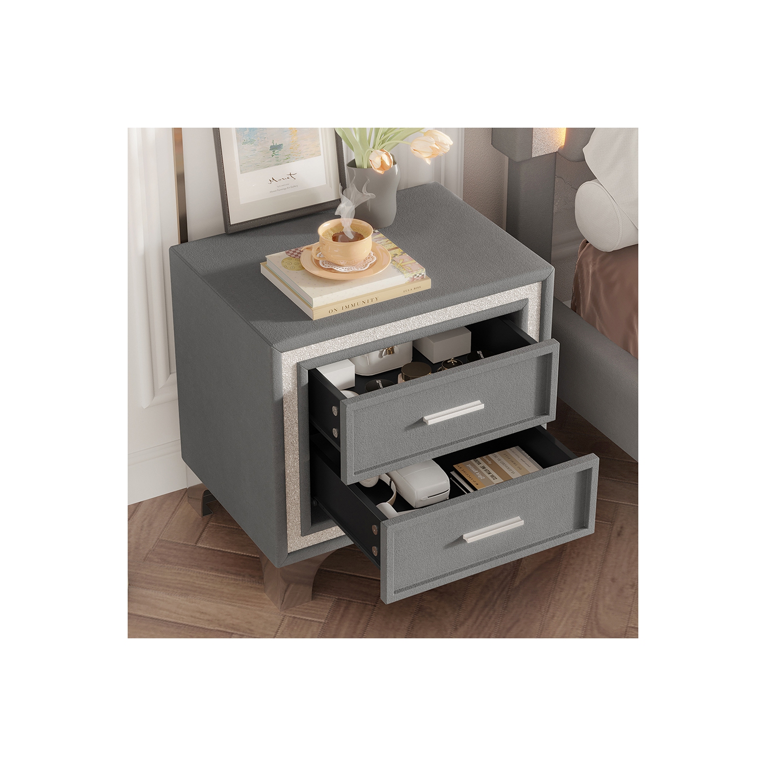 Table de chevet rétro mi-siècle Kepooman, bordure argentée scintillante et pattes en métal, table de chevet en velours à 2 tiroirs - Gris