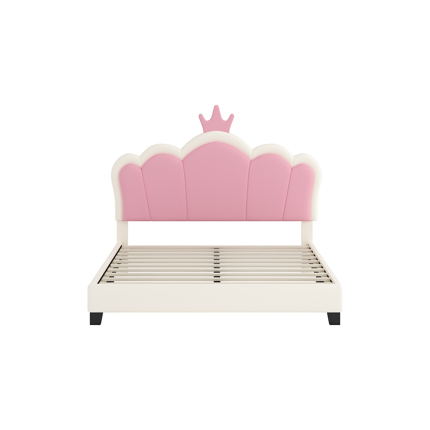 Lit rembourré princesse Kepooman avec tête de lit Crown, lit plateforme pleine grandeur avec tête et pied de lit - Crème