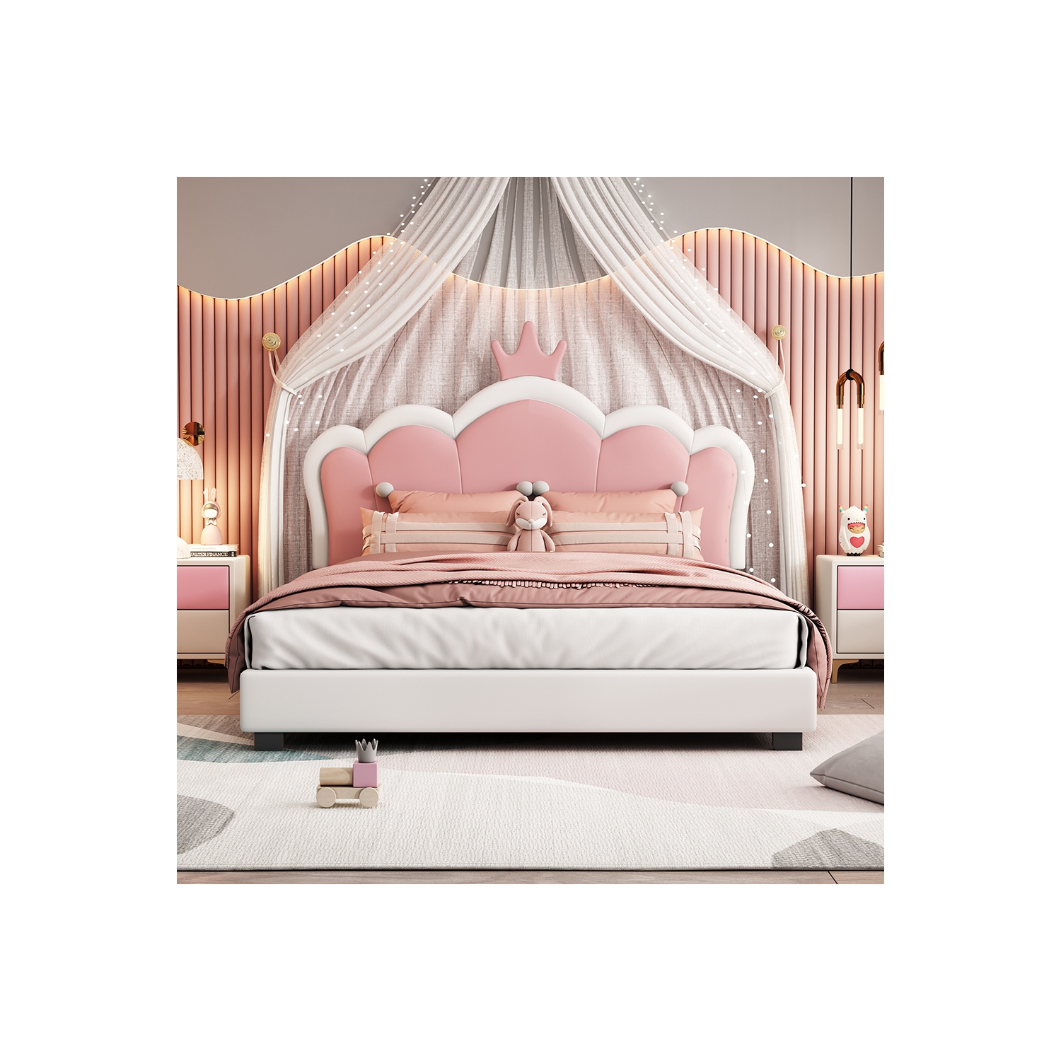 Lit rembourré princesse Kepooman avec tête de lit Crown, lit plateforme pleine grandeur avec tête et pied de lit - Crème