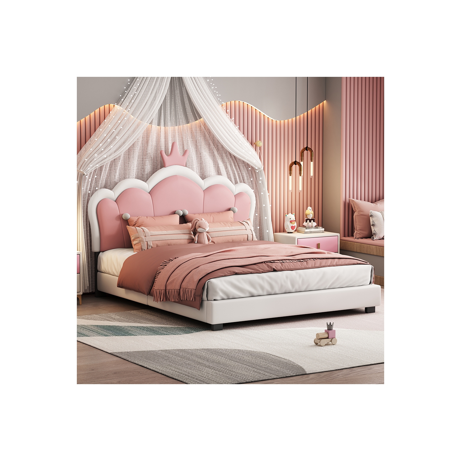 Lit rembourré princesse Kepooman avec tête de lit Crown, lit plateforme pleine grandeur avec tête et pied de lit - Crème