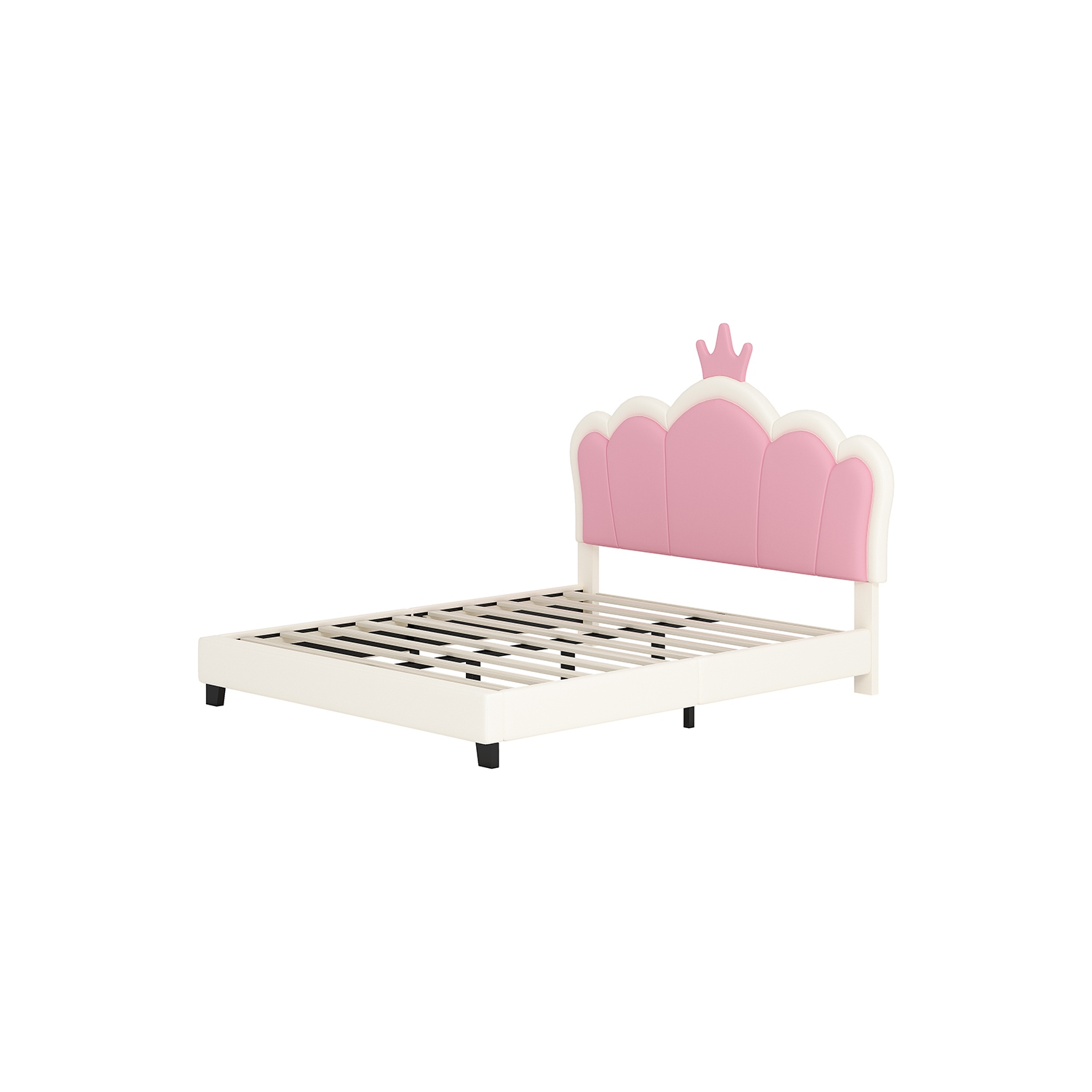 Lit rembourré princesse Kepooman avec tête de lit Crown, lit plateforme pleine grandeur avec tête et pied de lit - Crème