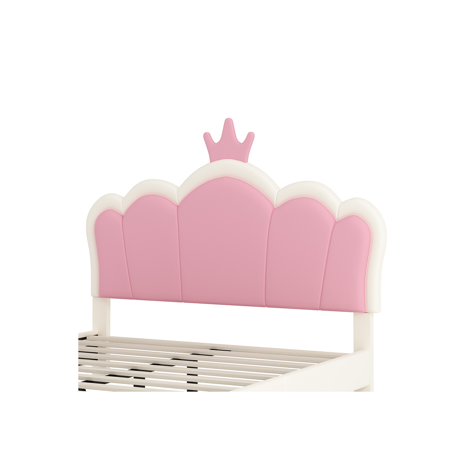 Lit rembourré princesse Kepooman avec tête de lit Crown, lit plateforme pleine grandeur avec tête et pied de lit - Crème
