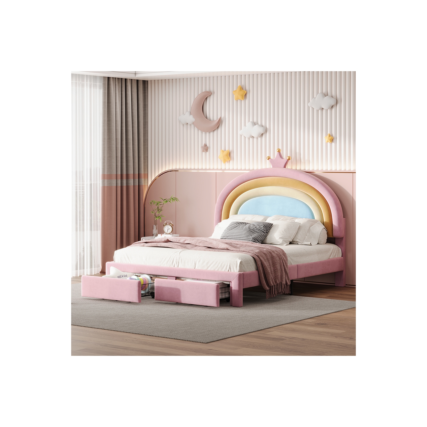 Lit double rembourré Rainbow Design Kepooman, lit plateforme en velours Princess avec tiroir de rangement
