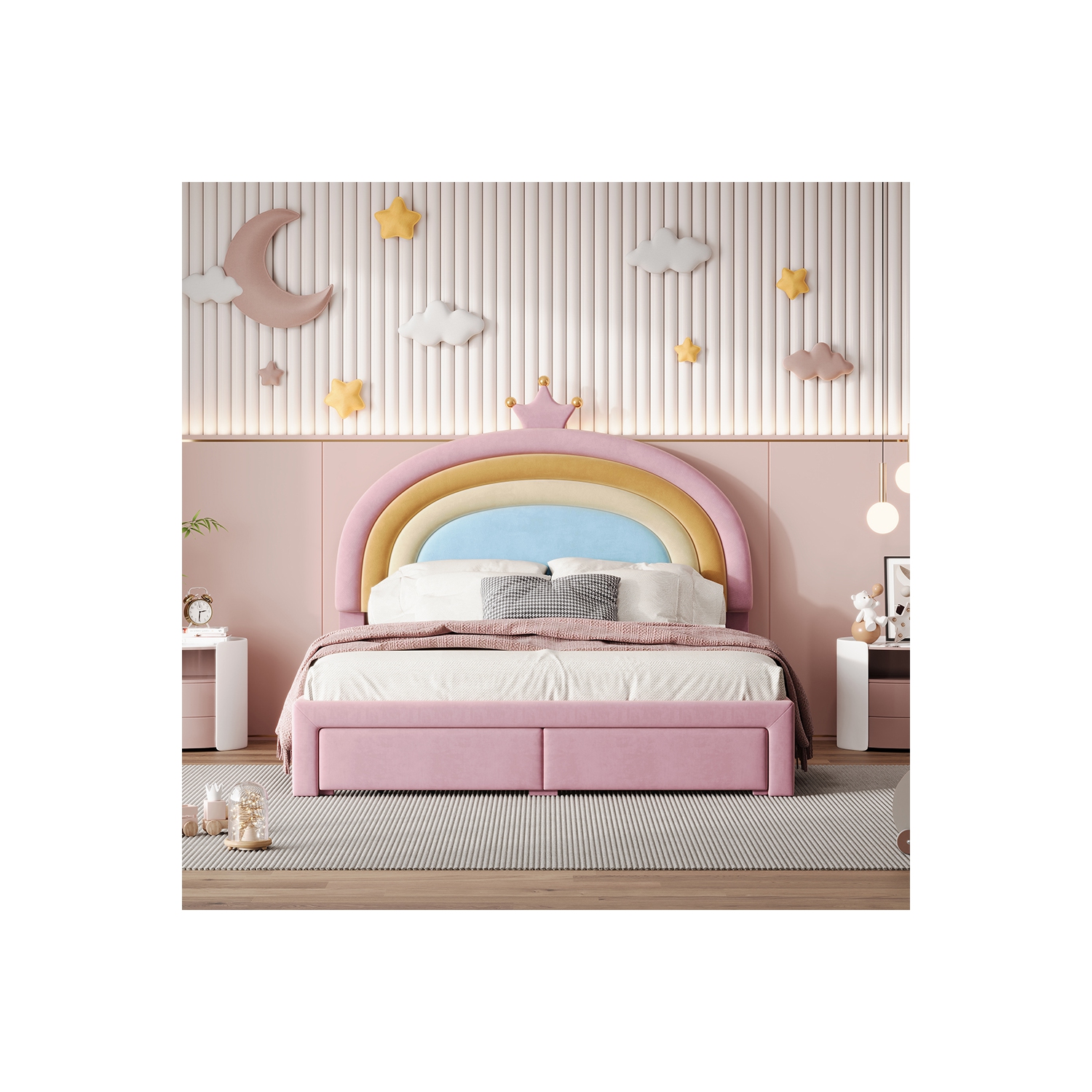 Lit double rembourré Rainbow Design Kepooman, lit plateforme en velours Princess avec tiroir de rangement