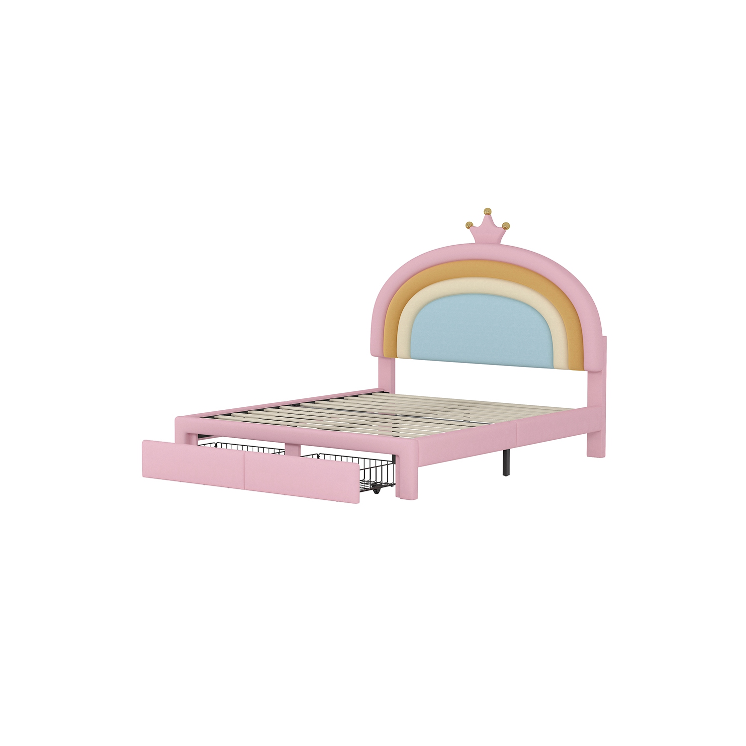 Lit double rembourré Rainbow Design Kepooman, lit plateforme en velours Princess avec tiroir de rangement