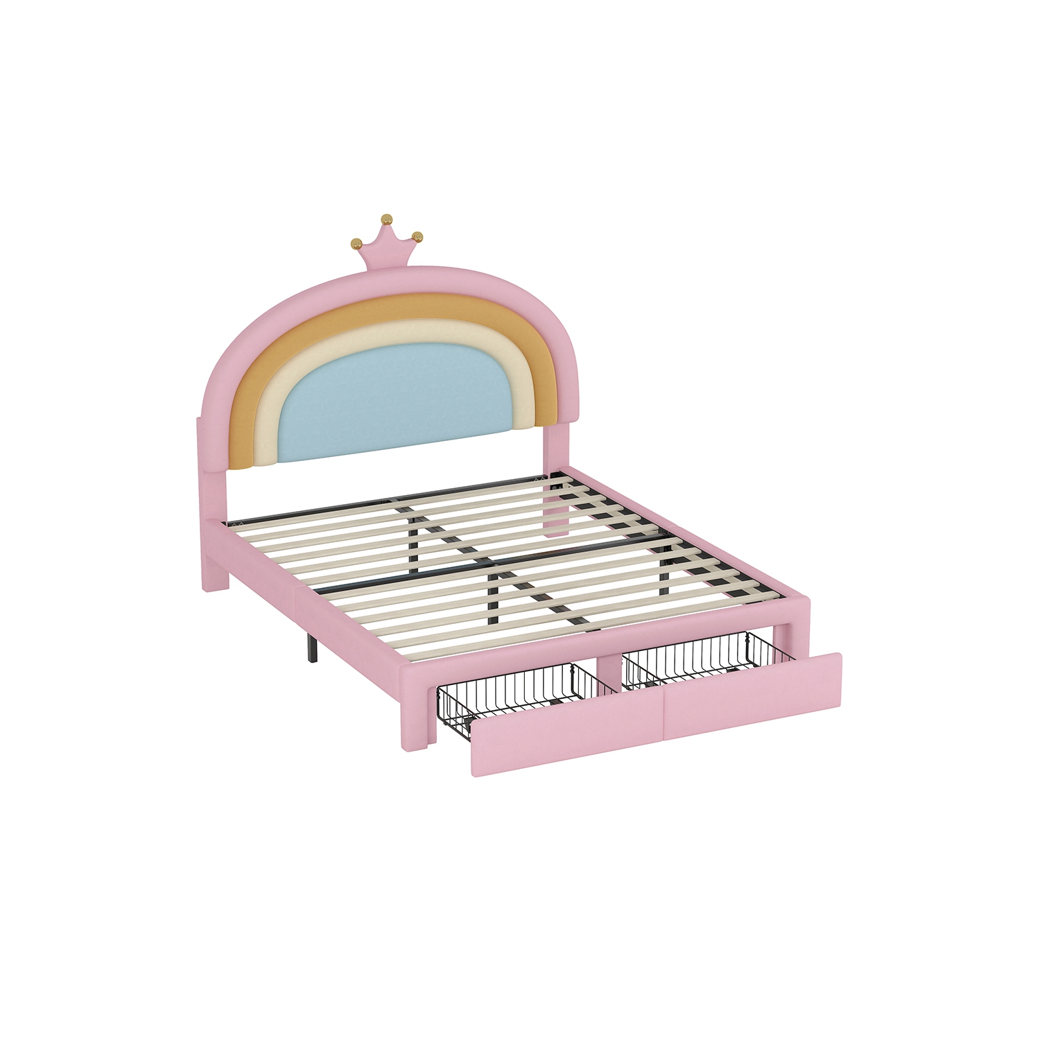 Lit double rembourré Rainbow Design Kepooman, lit plateforme en velours Princess avec tiroir de rangement