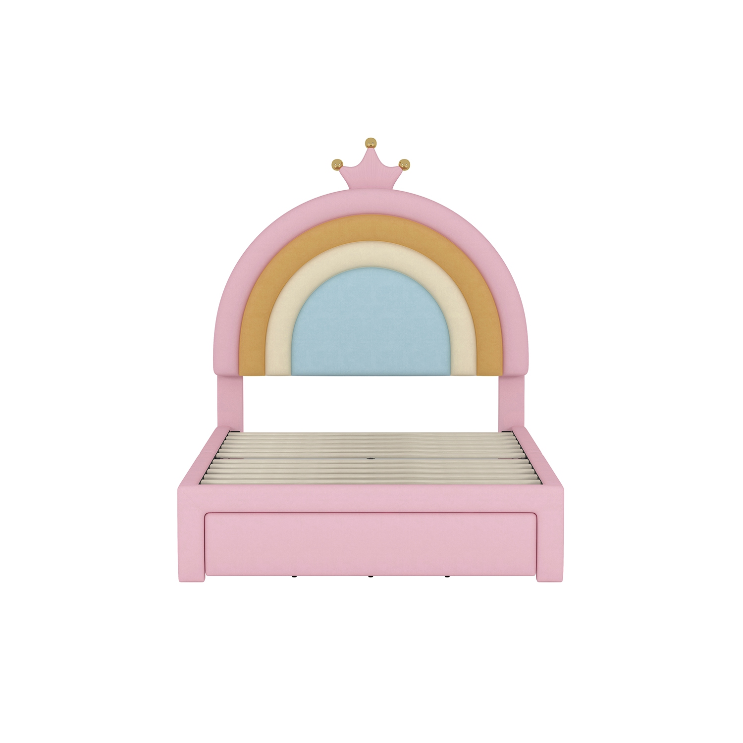 Lit jumeau rembourré Rainbow Design Kepooman, lit plateforme en velours Princess avec tiroir de rangement