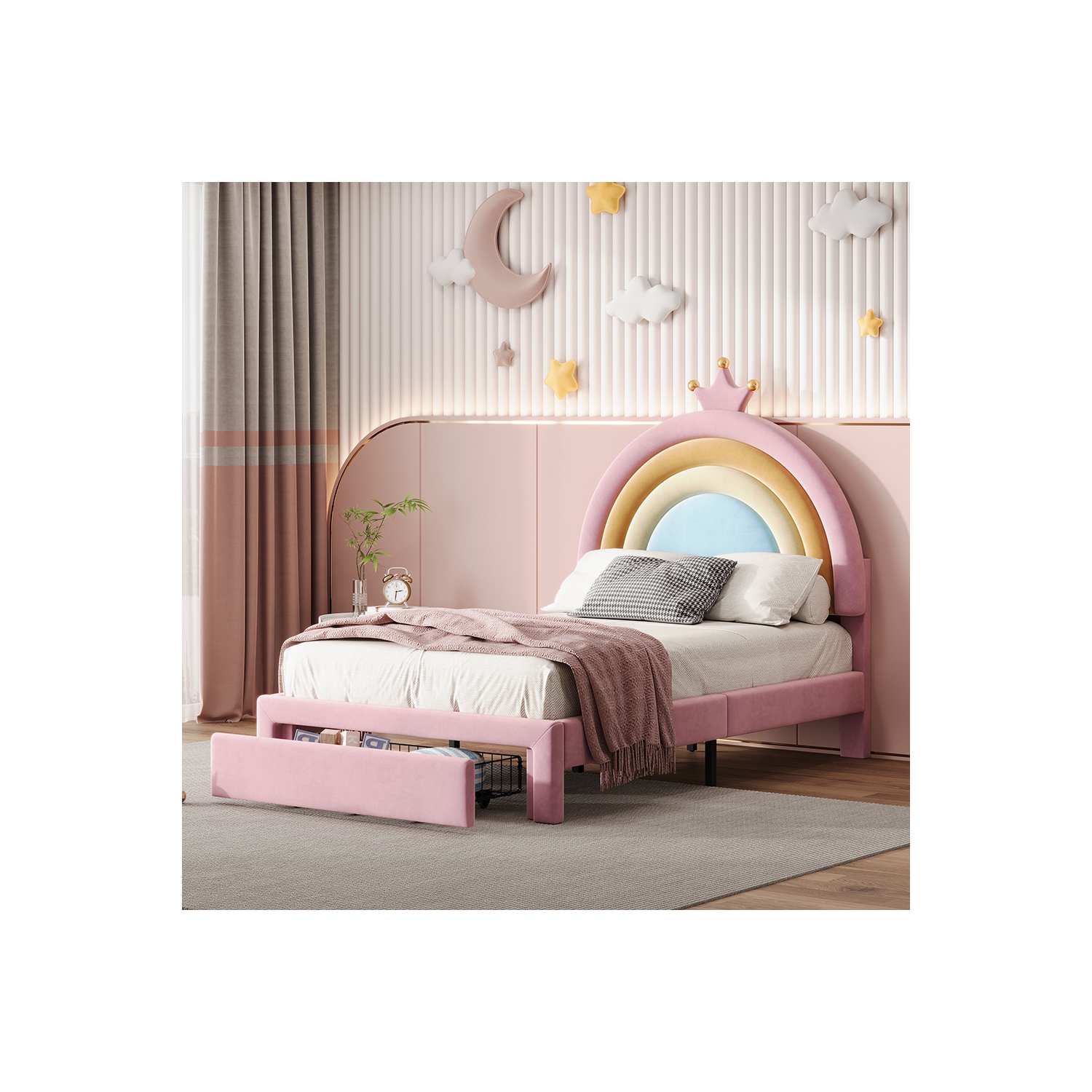Lit jumeau rembourré Rainbow Design Kepooman, lit plateforme en velours Princess avec tiroir de rangement