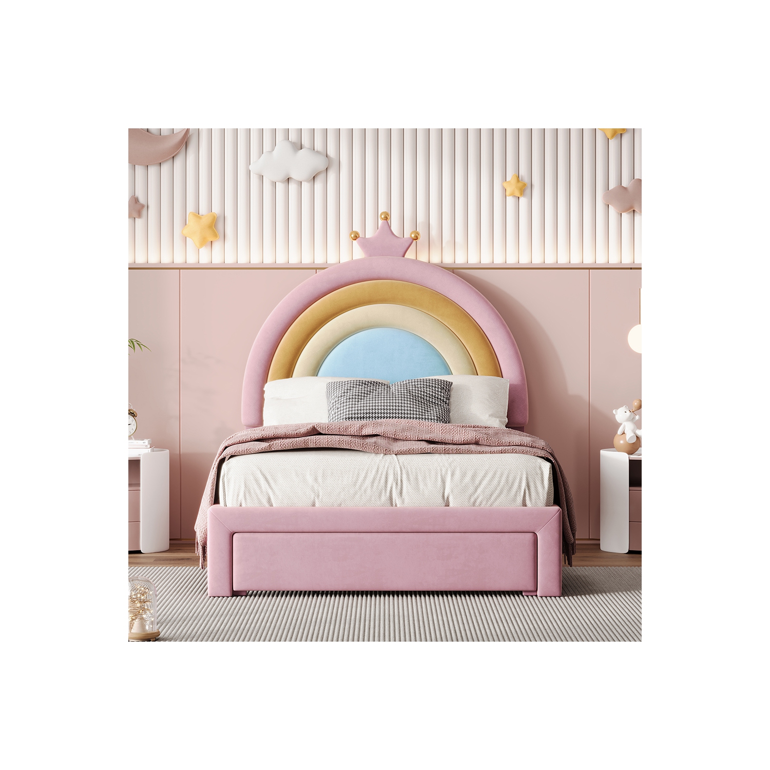 Lit jumeau rembourré Rainbow Design Kepooman, lit plateforme en velours Princess avec tiroir de rangement