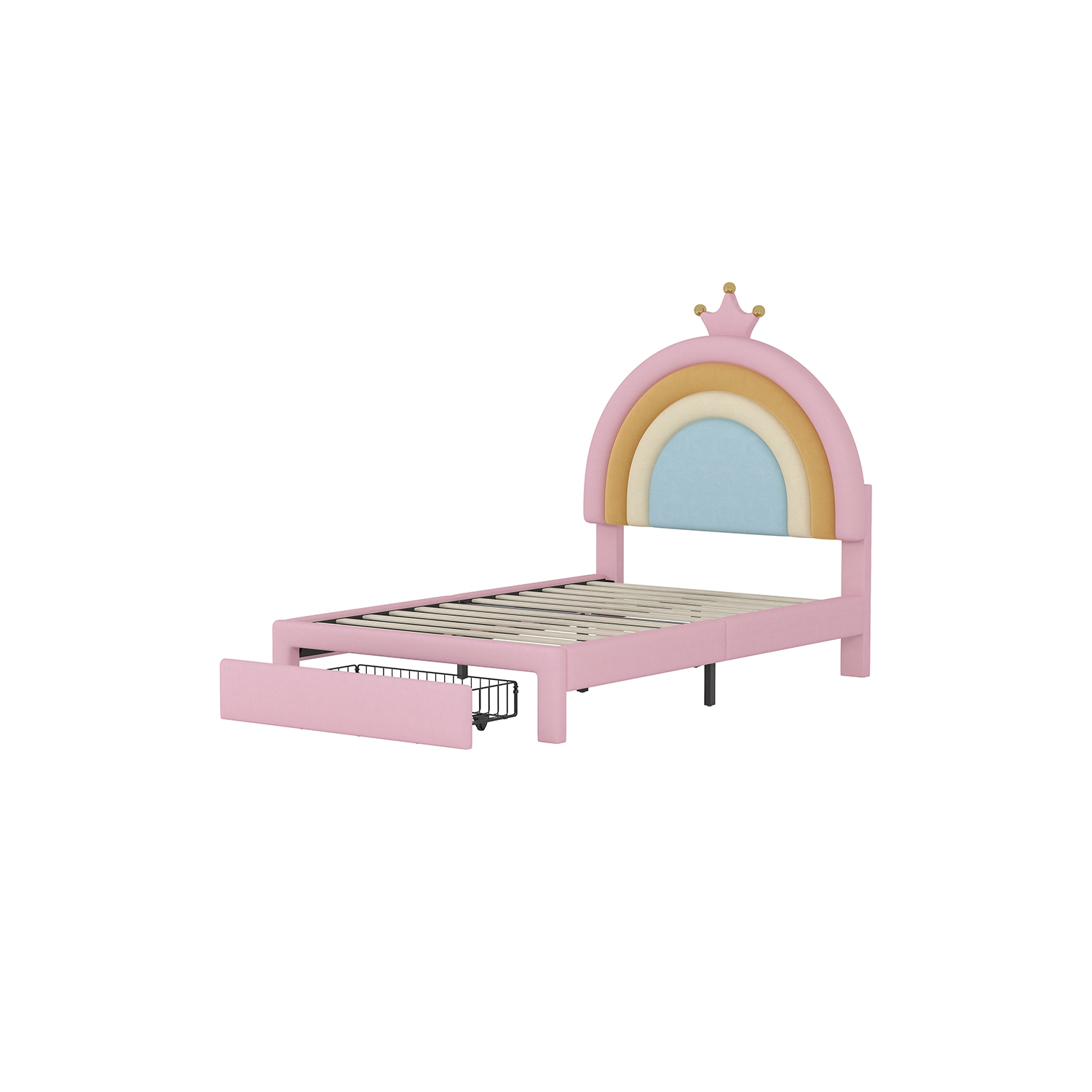 Lit jumeau rembourré Rainbow Design Kepooman, lit plateforme en velours Princess avec tiroir de rangement