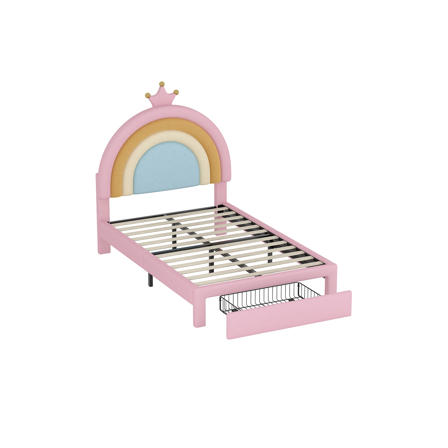 Lit jumeau rembourré Rainbow Design Kepooman, lit plateforme en velours Princess avec tiroir de rangement