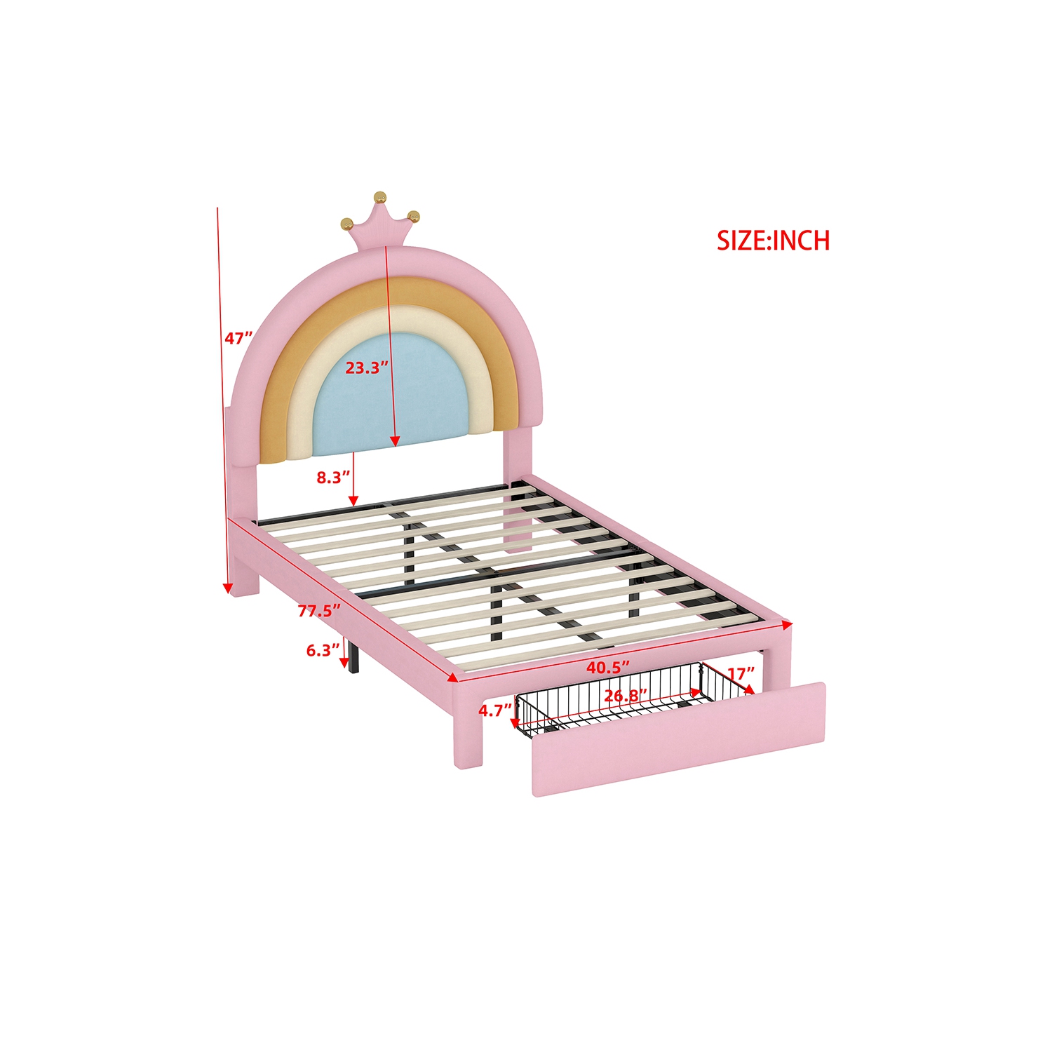 Lit jumeau rembourré Rainbow Design Kepooman, lit plateforme en velours Princess avec tiroir de rangement
