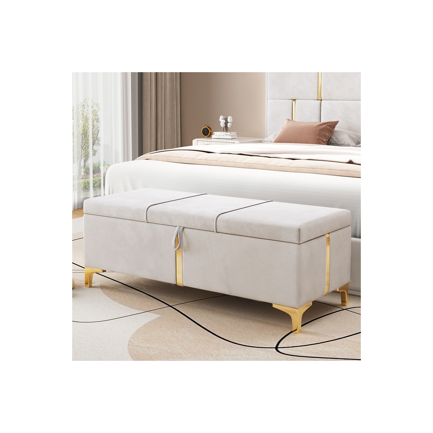 Pouf de rangement élégant en velours rembourré Kepooman, banc de rangement avec pattes en métal pour chambre, salon - Beige