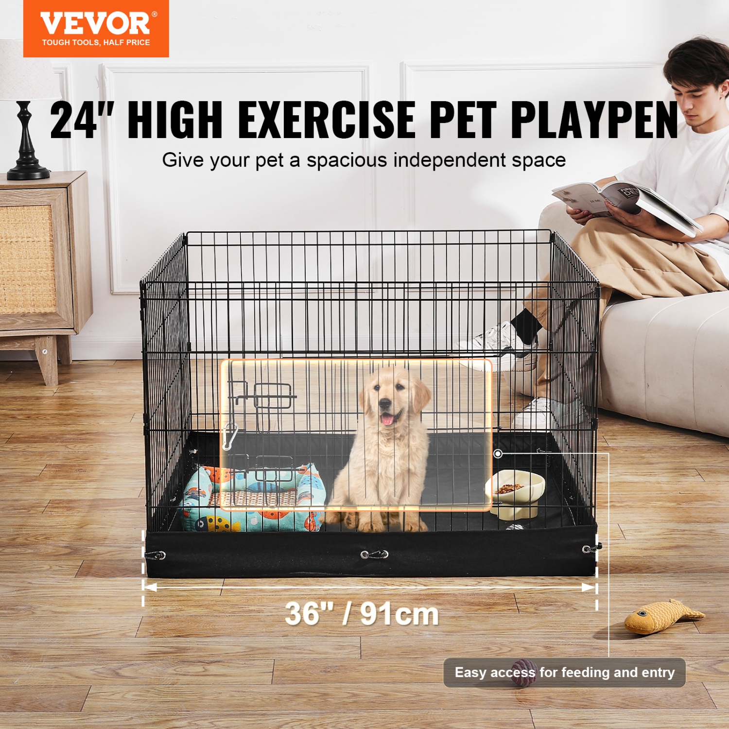 VEVOR 4 Pcs 24 x 36 in Panels Foldable Metal Pet Exercise Pen, Dog Fence Indoor and Outdoor Pen with Door and 600D Oxford Fabric Bottom Pad, for