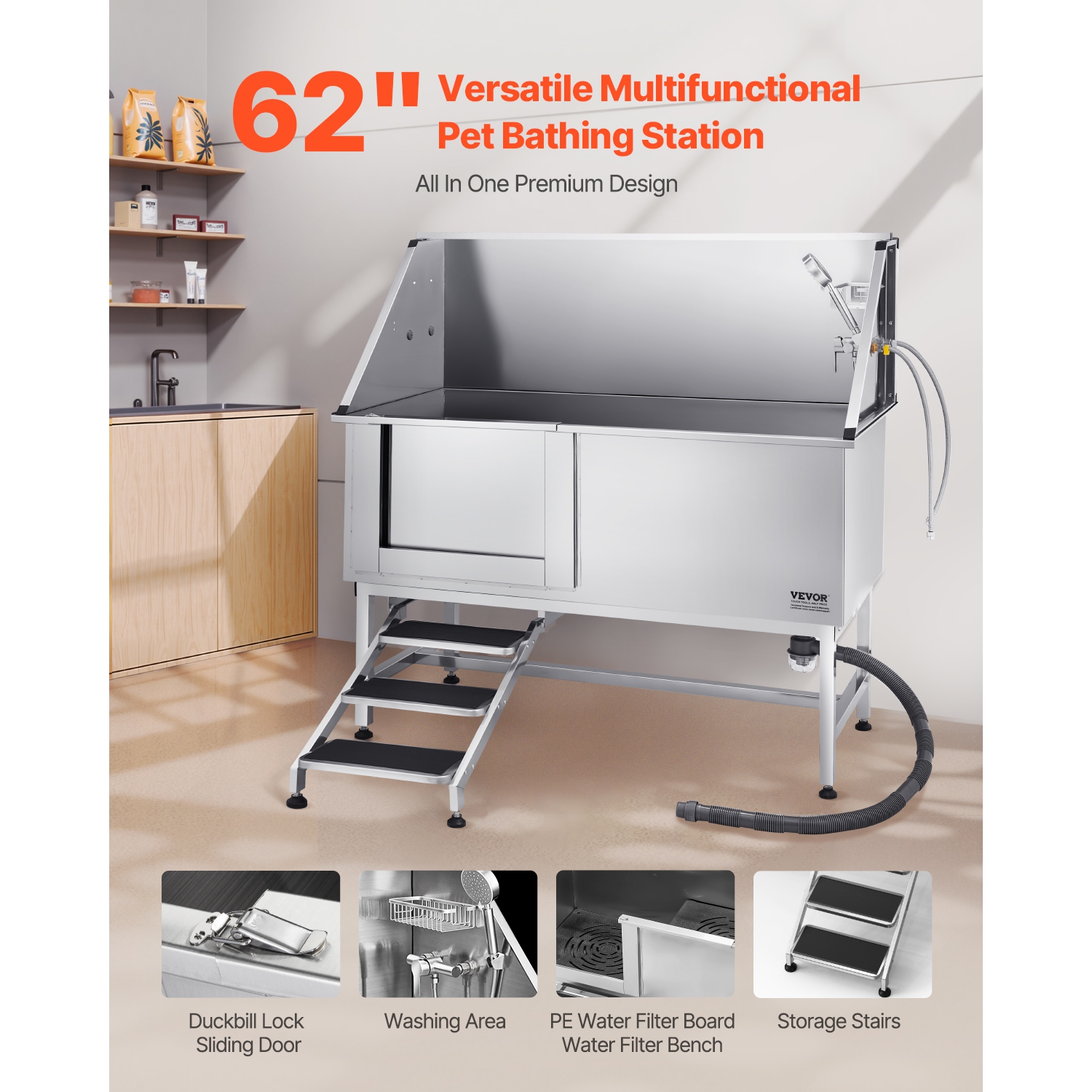 VEVOR 62 inch Stainless Steel Dog Washing Station w/ Stairs, PE Water Filter Board, Faucet & Showerhead & Soap Holder Dog Bathtub for Large & Medium