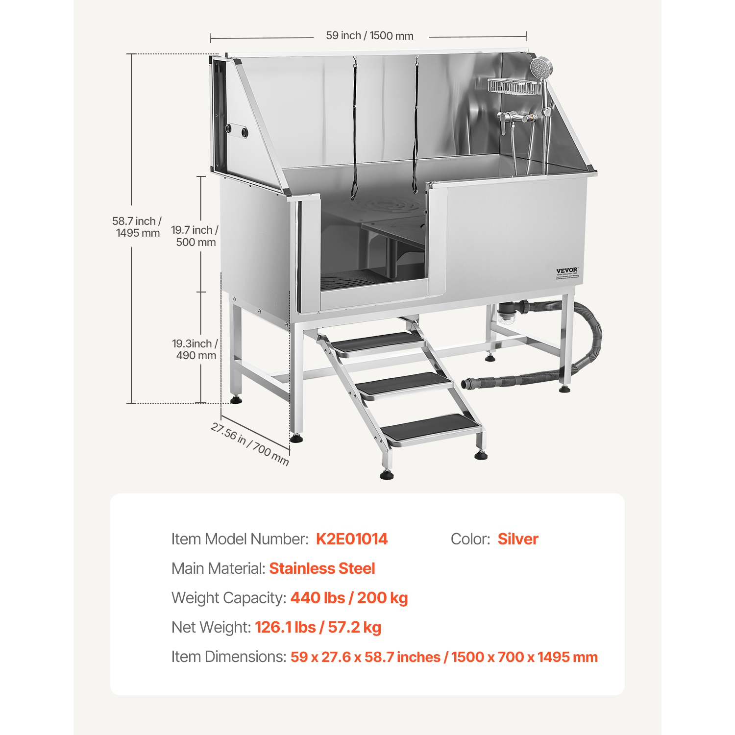 VEVOR 62 inch Stainless Steel Dog Washing Station w/ Stairs, PE Water Filter Board, Faucet & Showerhead & Soap Holder Dog Bathtub for Large & Medium