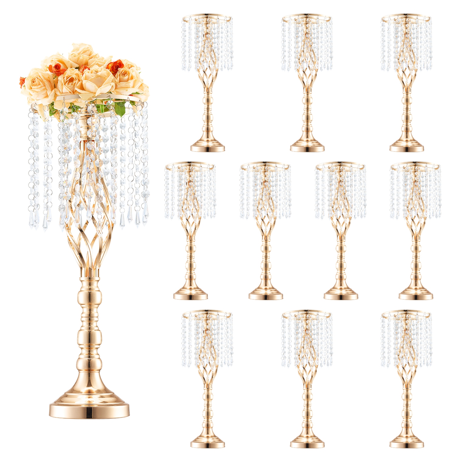 VEVOR 10PCS 55&nbsp;cm/21,65" Grand support de fleurs de mariage en cristal, vase de table de mariage en métal, porte-fleurs doré pour tables Souper