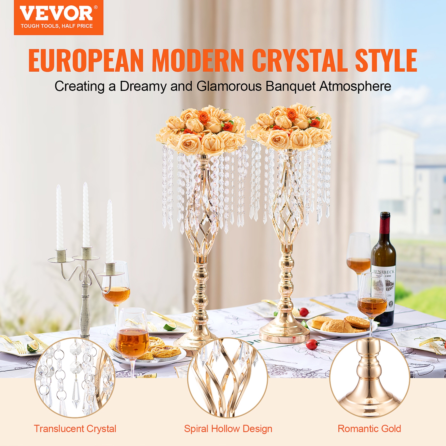 VEVOR 10PCS 55&nbsp;cm/21,65" Grand support de fleurs de mariage en cristal, vase de table de mariage en métal, porte-fleurs doré pour tables Souper