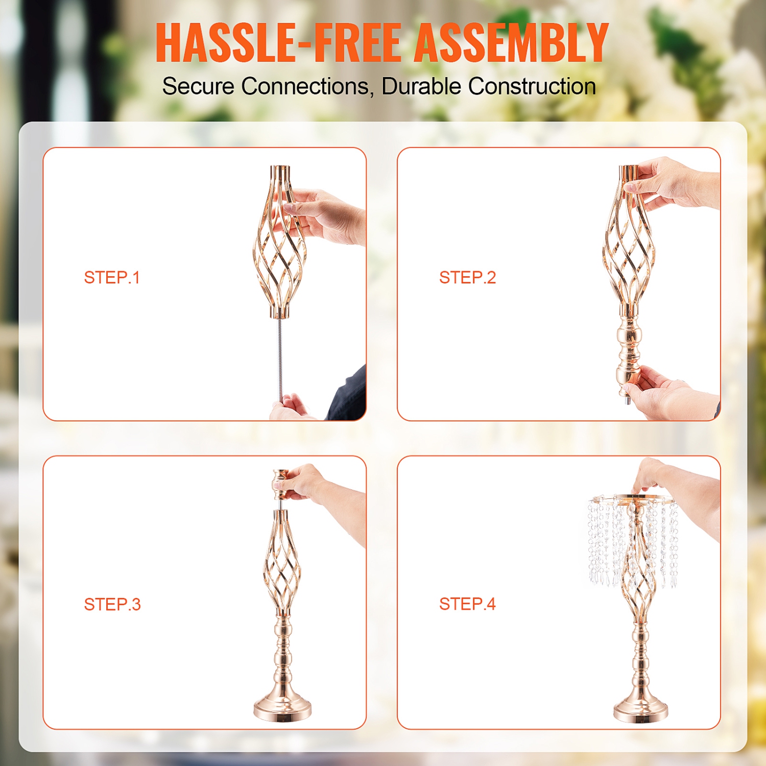 VEVOR 10PCS 55&nbsp;cm/21,65" Grand support de fleurs de mariage en cristal, vase de table de mariage en métal, porte-fleurs doré pour tables Souper