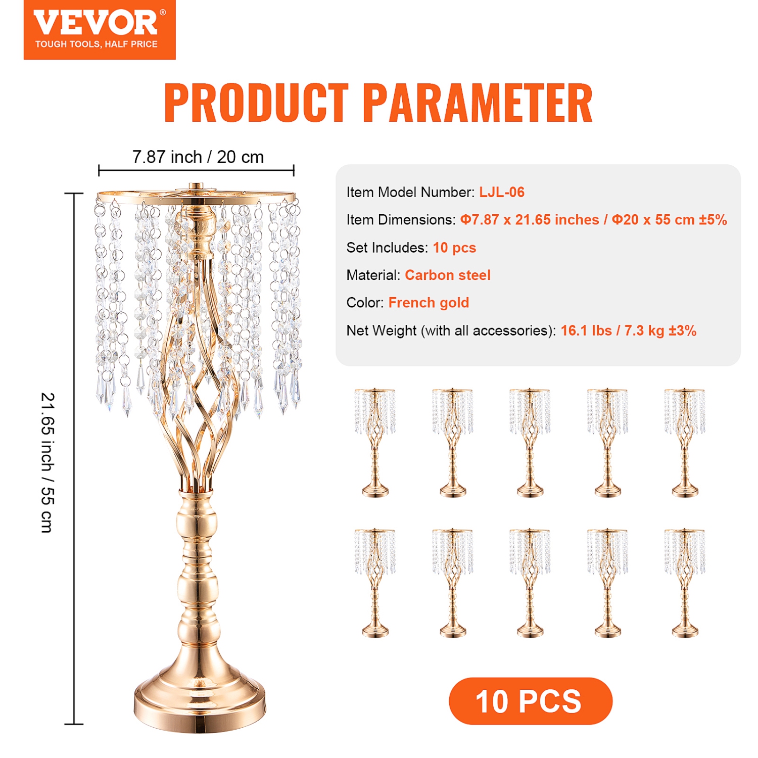 VEVOR 10PCS 55&nbsp;cm/21,65" Grand support de fleurs de mariage en cristal, vase de table de mariage en métal, porte-fleurs doré pour tables Souper