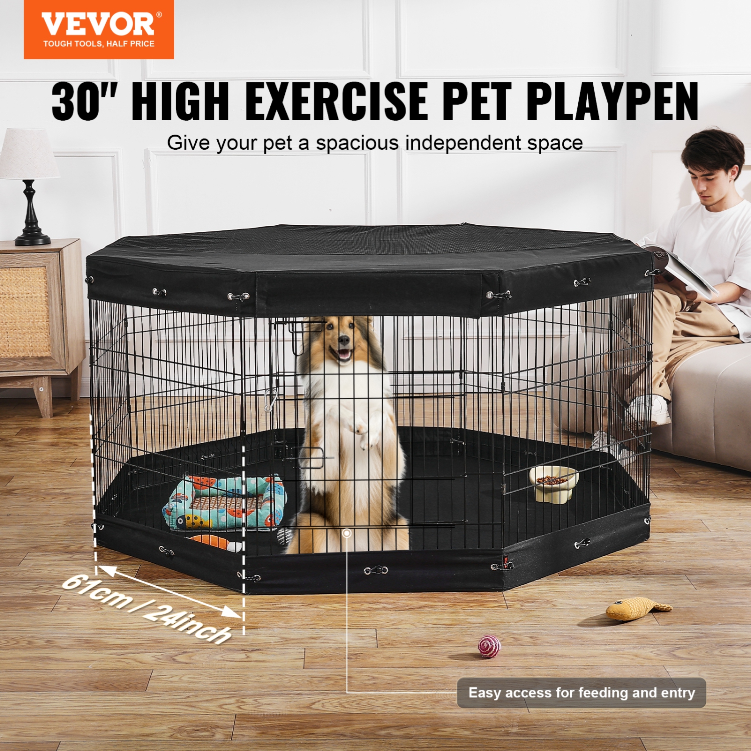 VEVOR 8 Pcs 30"H x 24"W Panels Foldable Metal Pet Exercise Pen,Dog Fence Indoor and Outdoor Pen with Door,Bottom Pad and Top Cover, Pet Playpen for