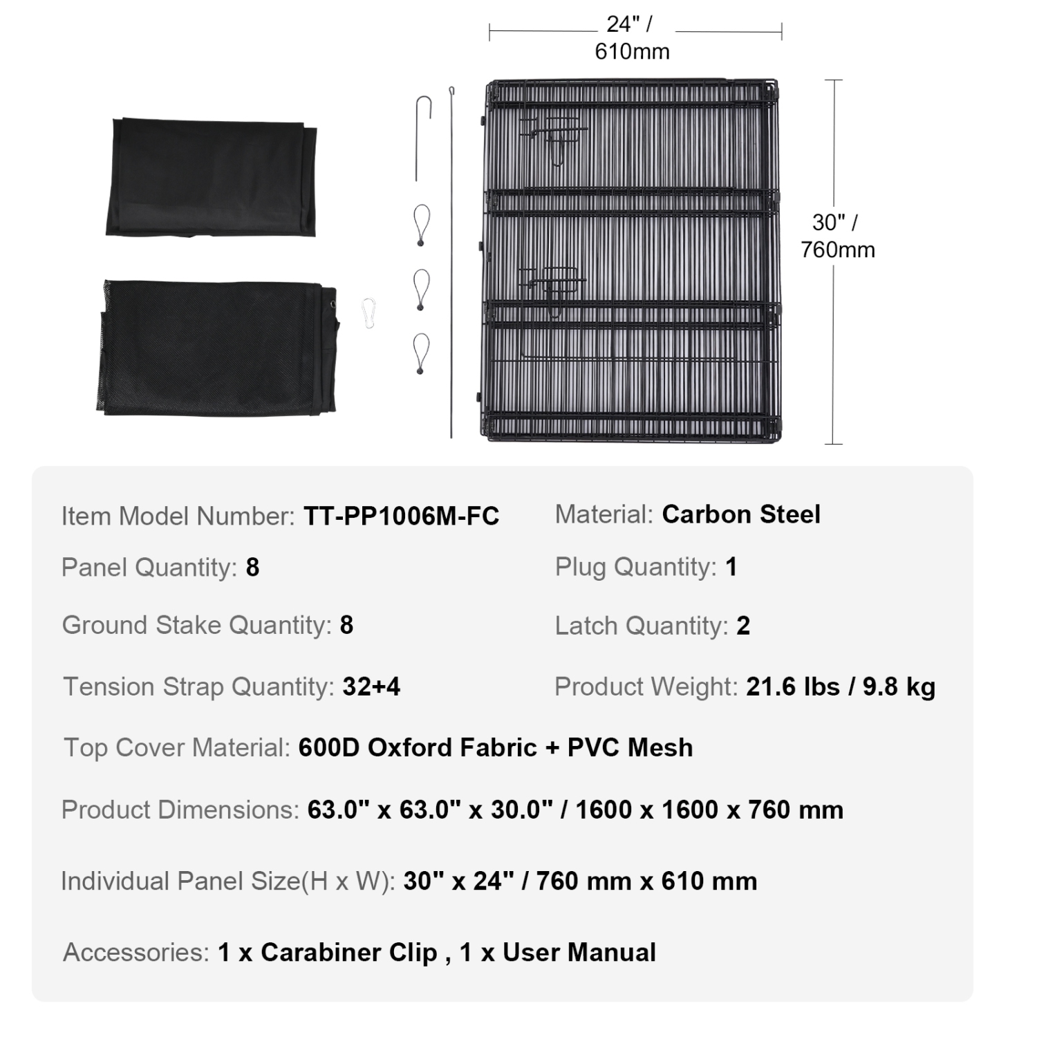 VEVOR 8 Pcs 30"H x 24"W Panels Foldable Metal Pet Exercise Pen,Dog Fence Indoor and Outdoor Pen with Door,Bottom Pad and Top Cover, Pet Playpen for