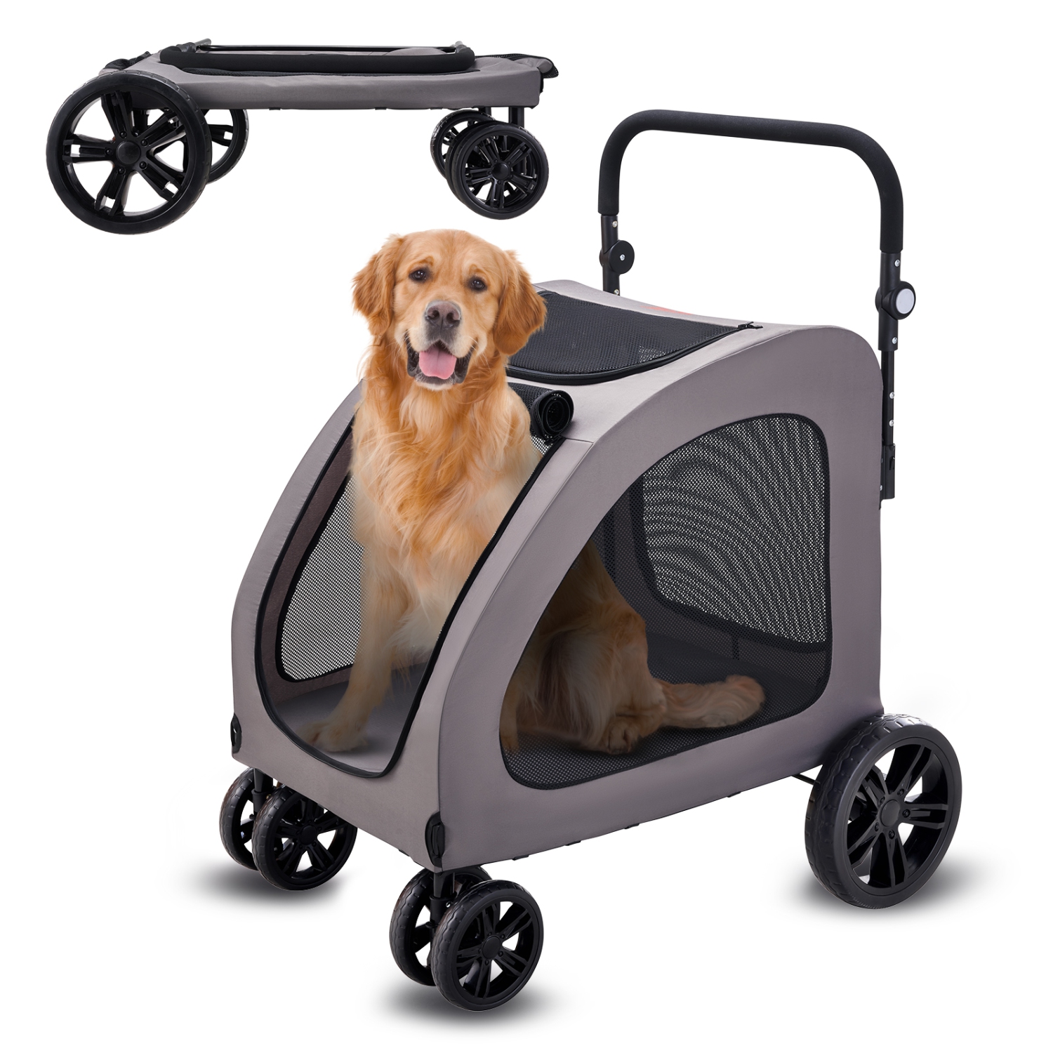 Poussette pour chien à 4 roulettes VEVOR avec freins, capacité 160&nbsp;lb, porte-poussette pour chiot avec fenêtres en filet respirantes et hauteur