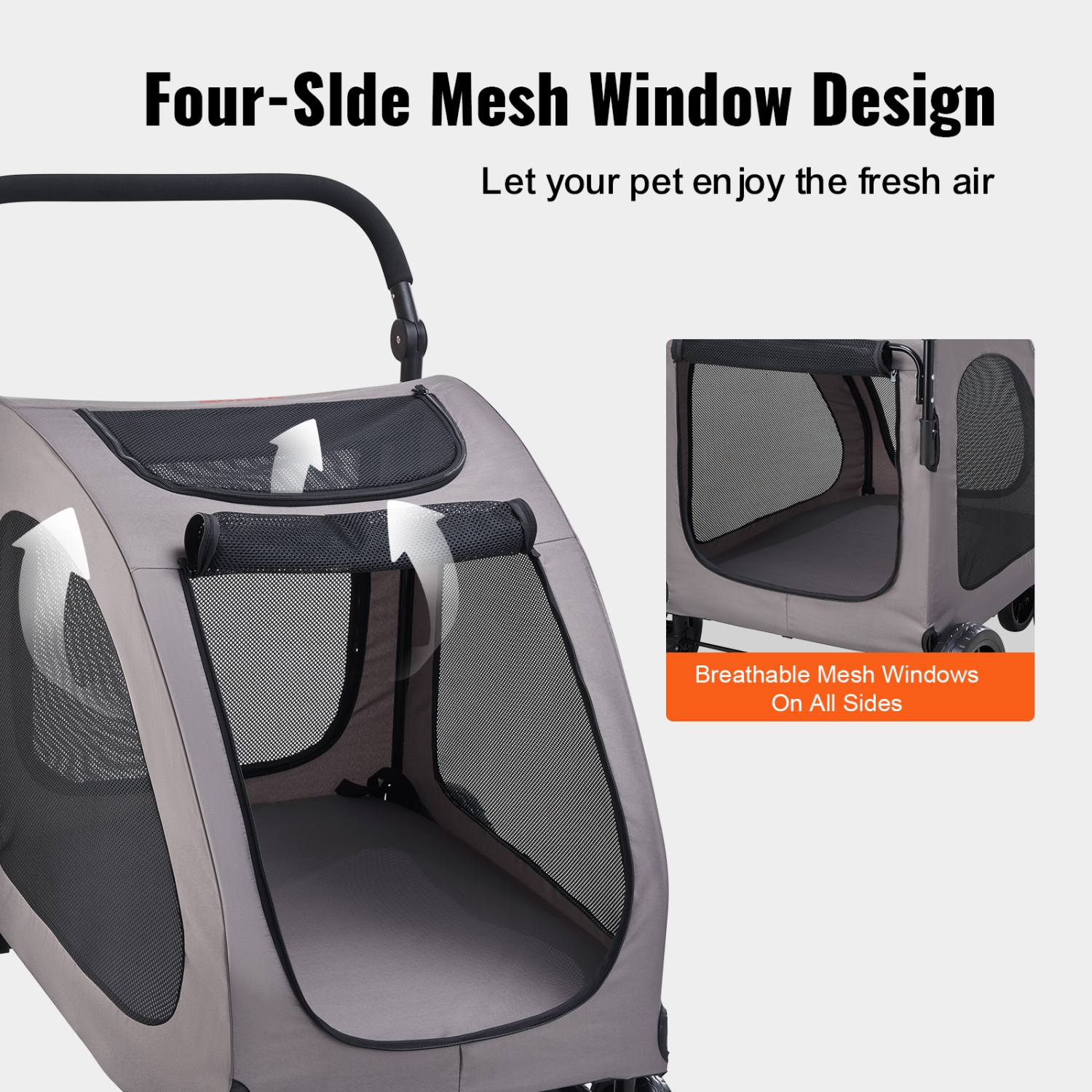 Poussette pour chien à 4 roulettes VEVOR avec freins, capacité 160&nbsp;lb, porte-poussette pour chiot avec fenêtres en filet respirantes et hauteur