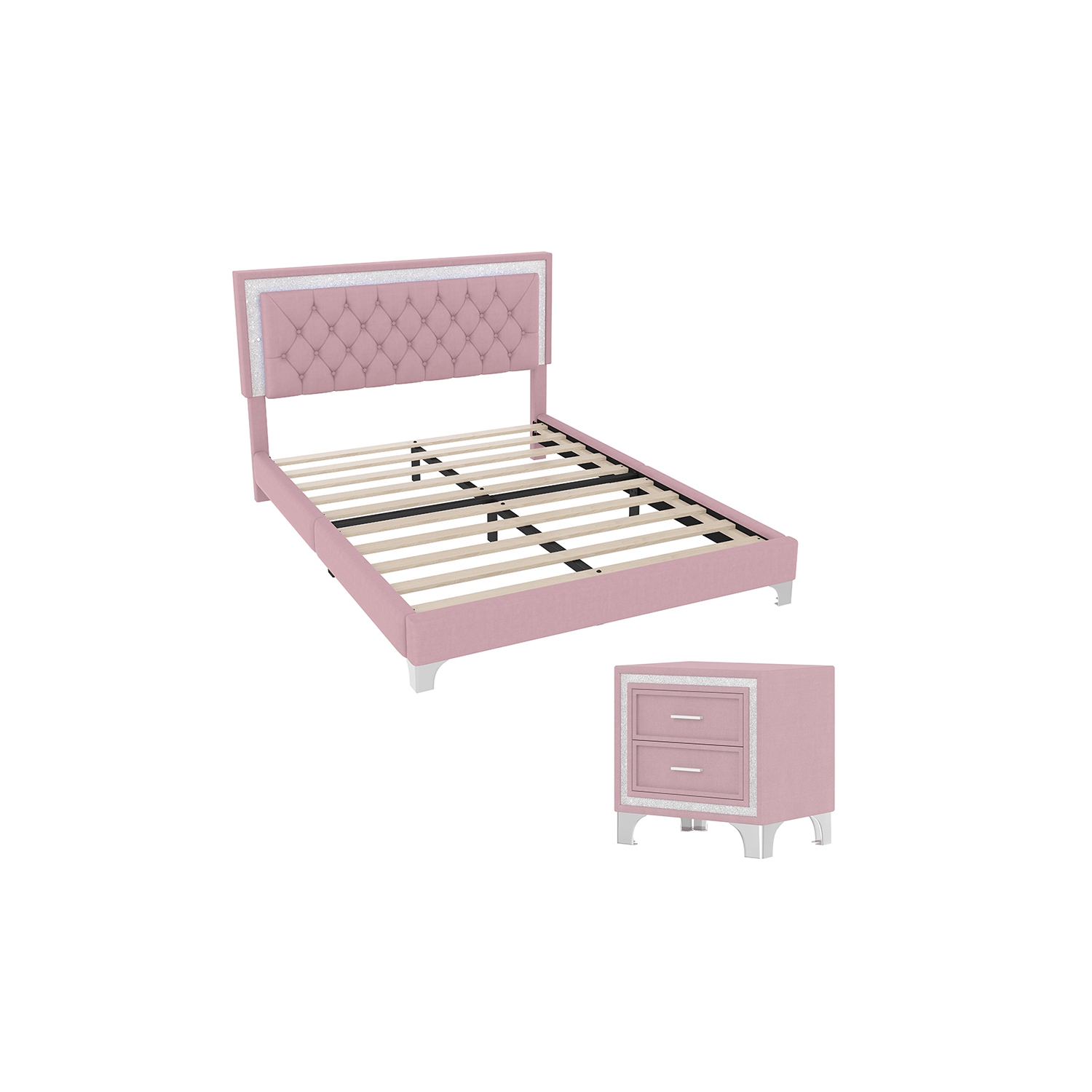 Kepooman 3-Pieces Bedroom Sets,Queen Size Upholstered Platform Bed with LED Lights and 2 Nightstands - Pink