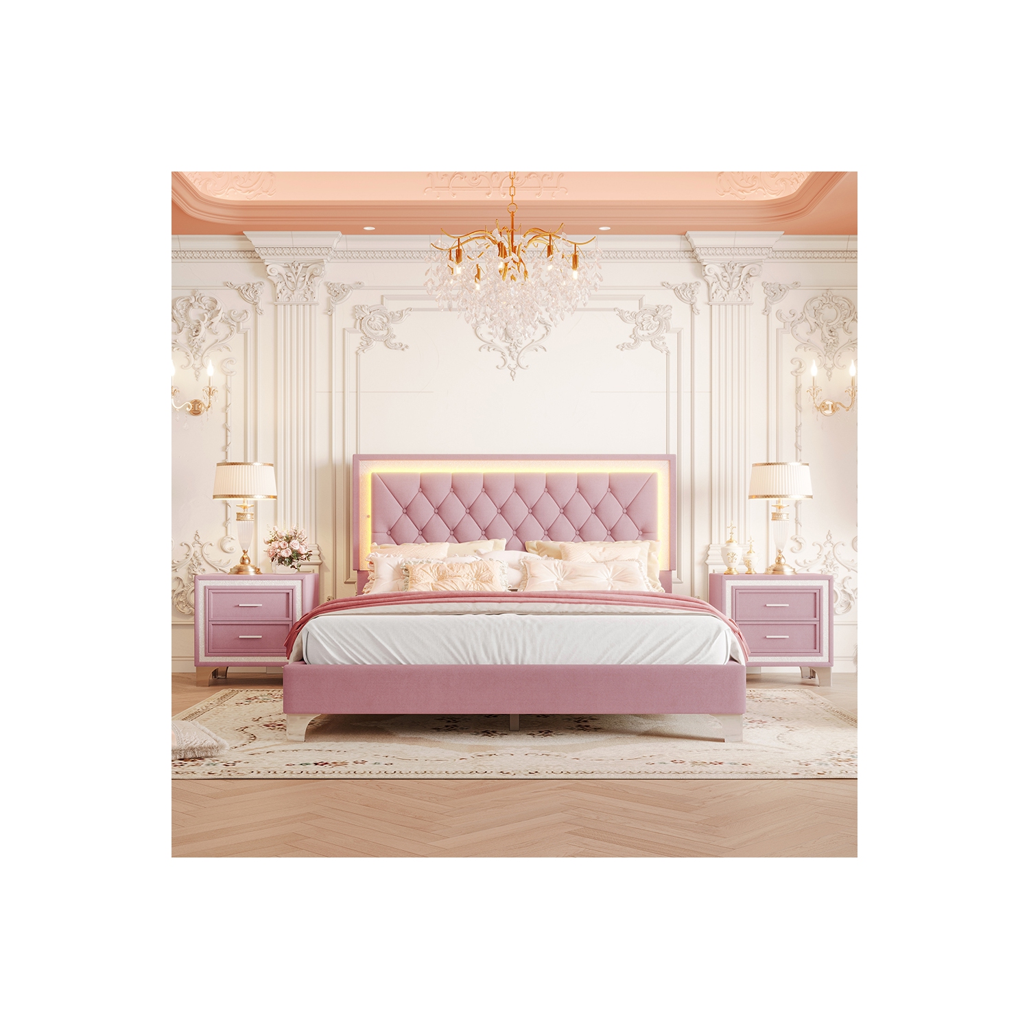 Kepooman 3-Pieces Bedroom Sets,Queen Size Upholstered Platform Bed with LED Lights and 2 Nightstands - Pink