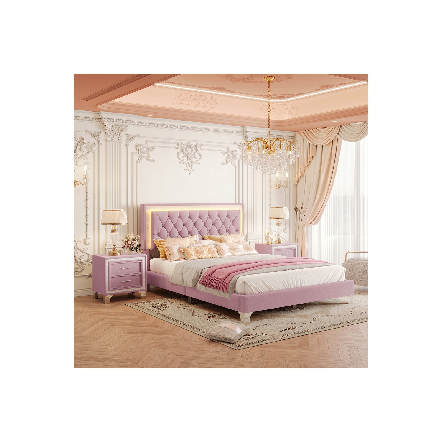 Kepooman 3-Pieces Bedroom Sets,Queen Size Upholstered Platform Bed with LED Lights and 2 Nightstands - Pink