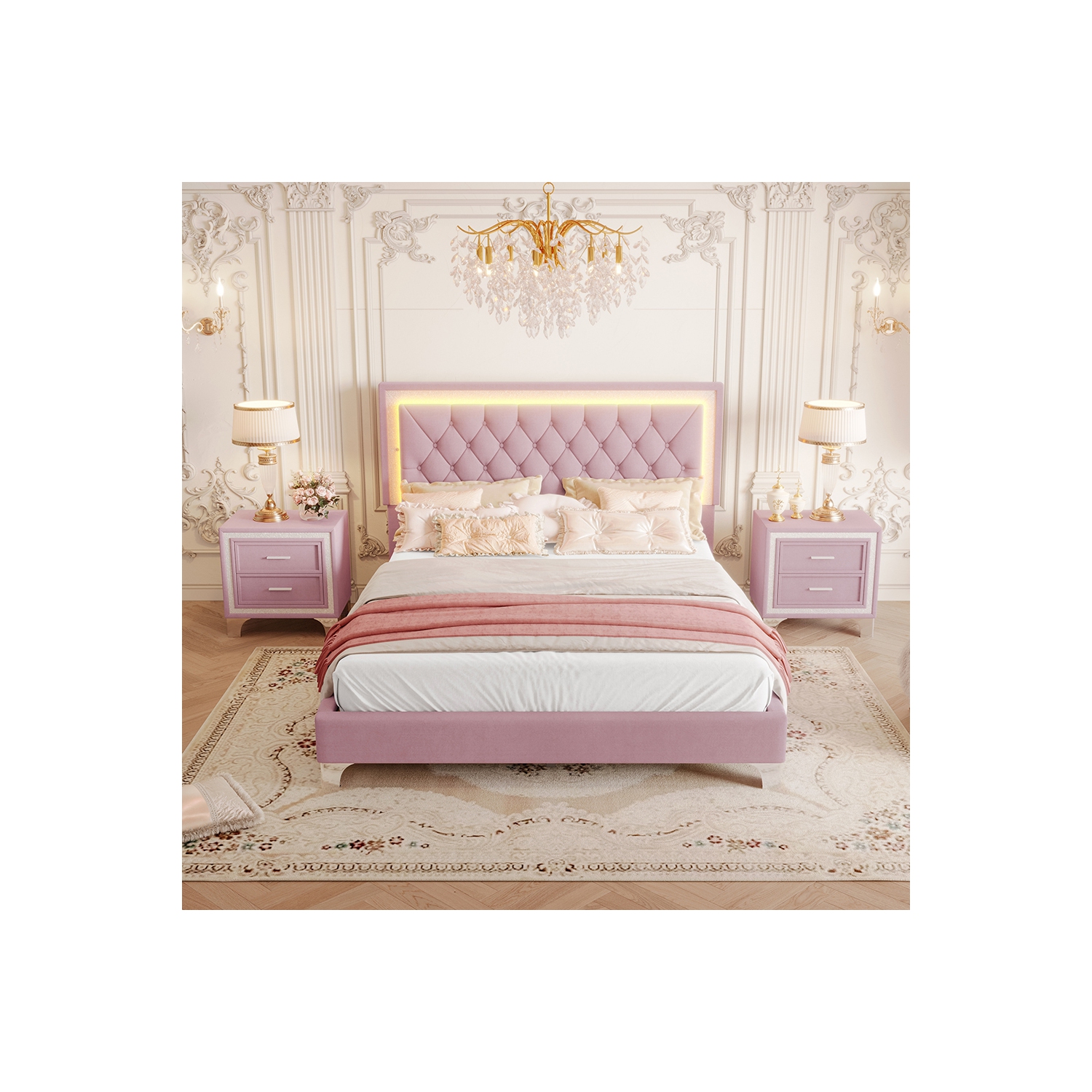Kepooman 3-Pieces Bedroom Sets,Queen Size Upholstered Platform Bed with LED Lights and 2 Nightstands - Pink