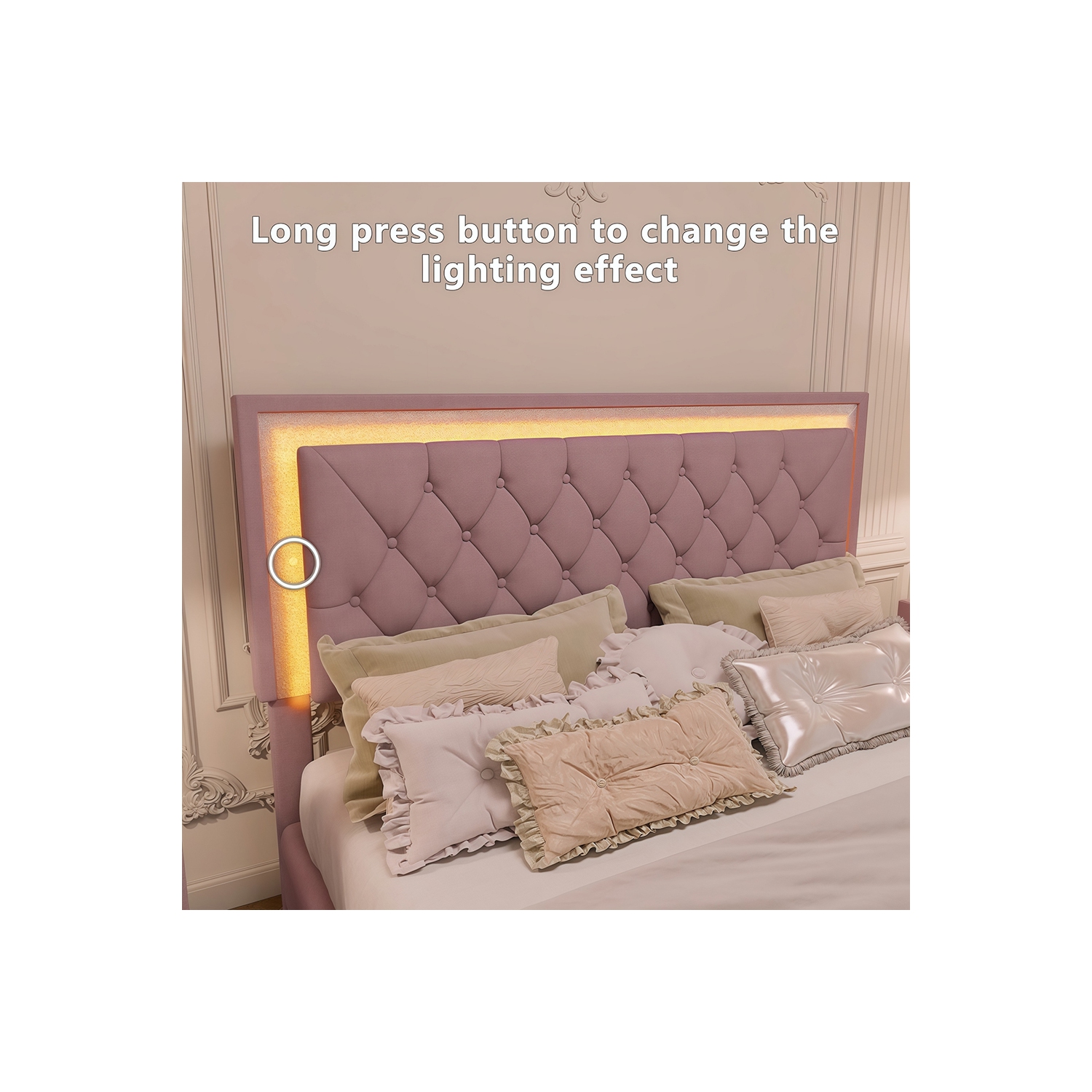 Kepooman 3-Pieces Bedroom Sets,Queen Size Upholstered Platform Bed with LED Lights and 2 Nightstands - Pink