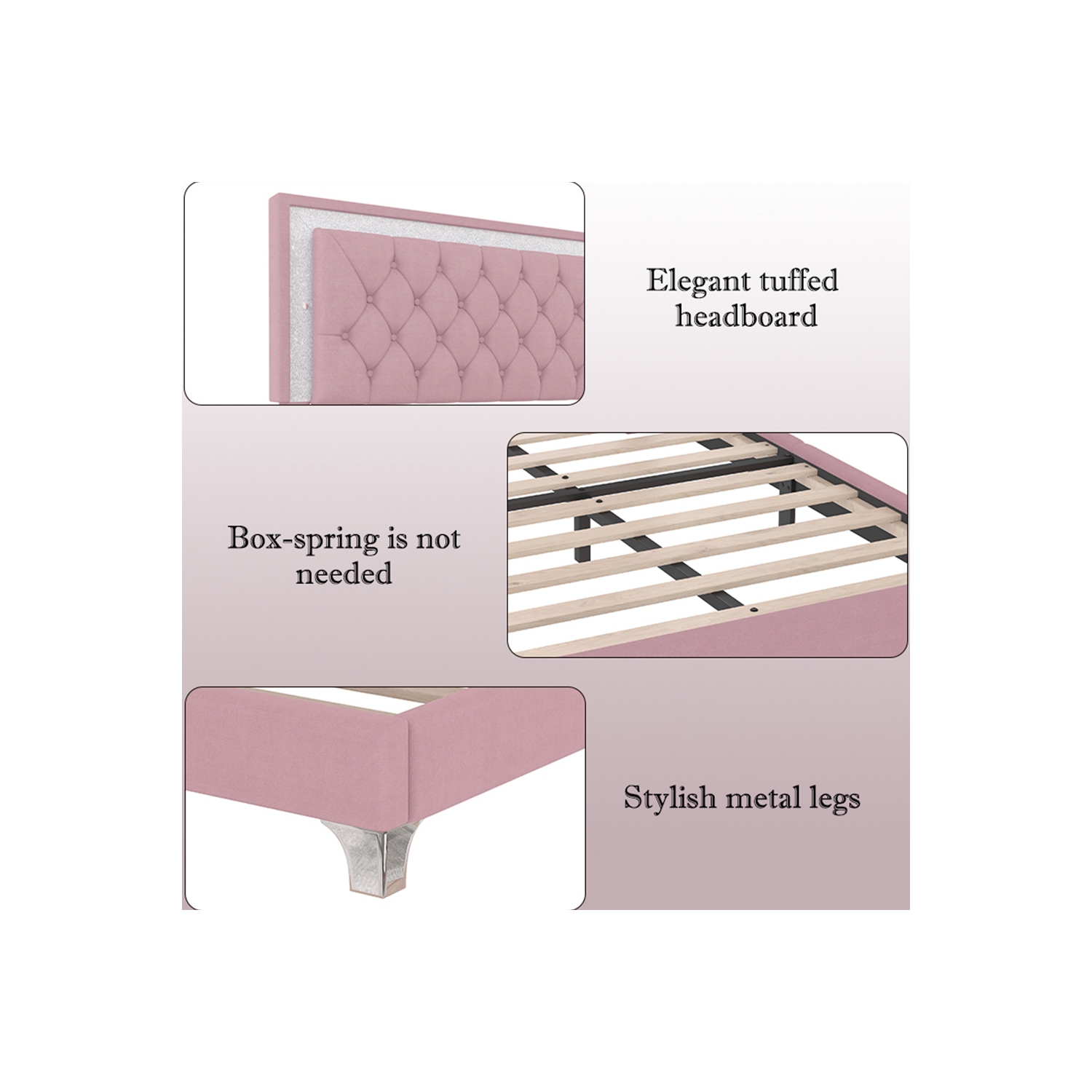 Kepooman 3-Pieces Bedroom Sets,Queen Size Upholstered Platform Bed with LED Lights and 2 Nightstands - Pink