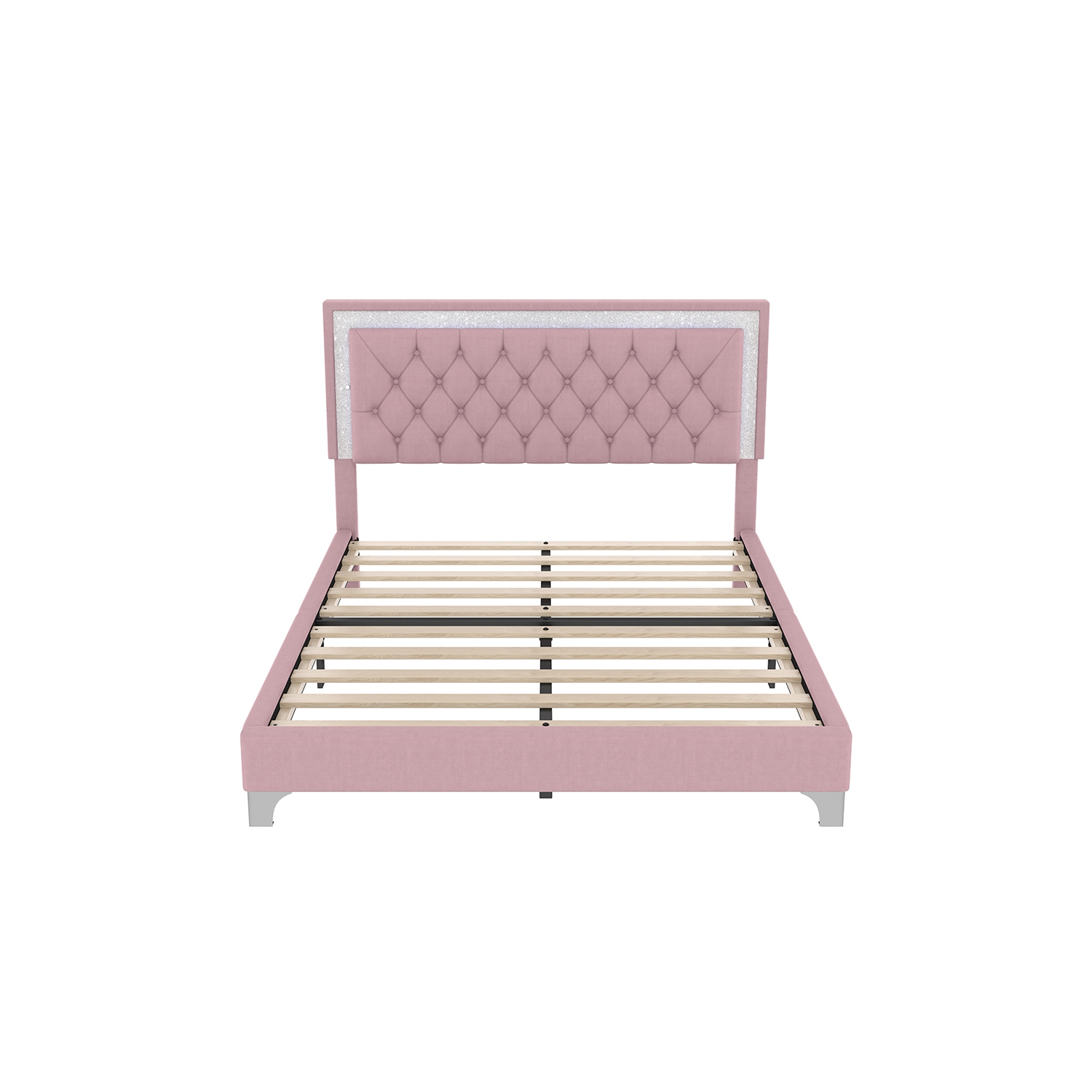 Kepooman 3-Pieces Bedroom Sets,Queen Size Upholstered Platform Bed with LED Lights and 2 Nightstands - Pink