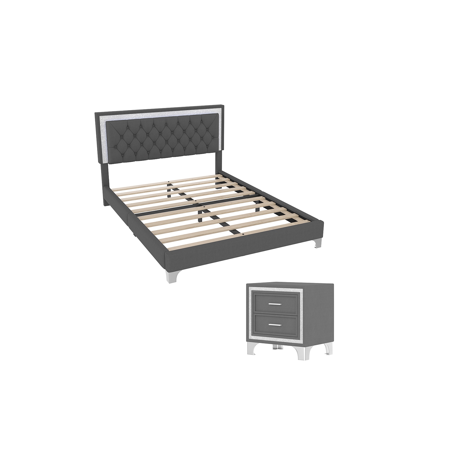 Ensembles 3 pièces pour chambre Kepooman, grand lit plateforme rembourré avec éclairage LED et 2 tables de chevet - Gris