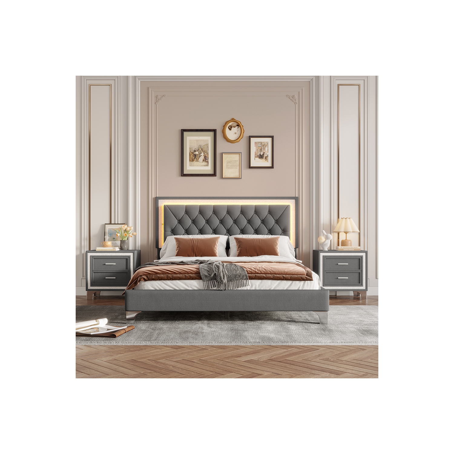 Ensembles 3 pièces pour chambre Kepooman, grand lit plateforme rembourré avec éclairage LED et 2 tables de chevet - Gris