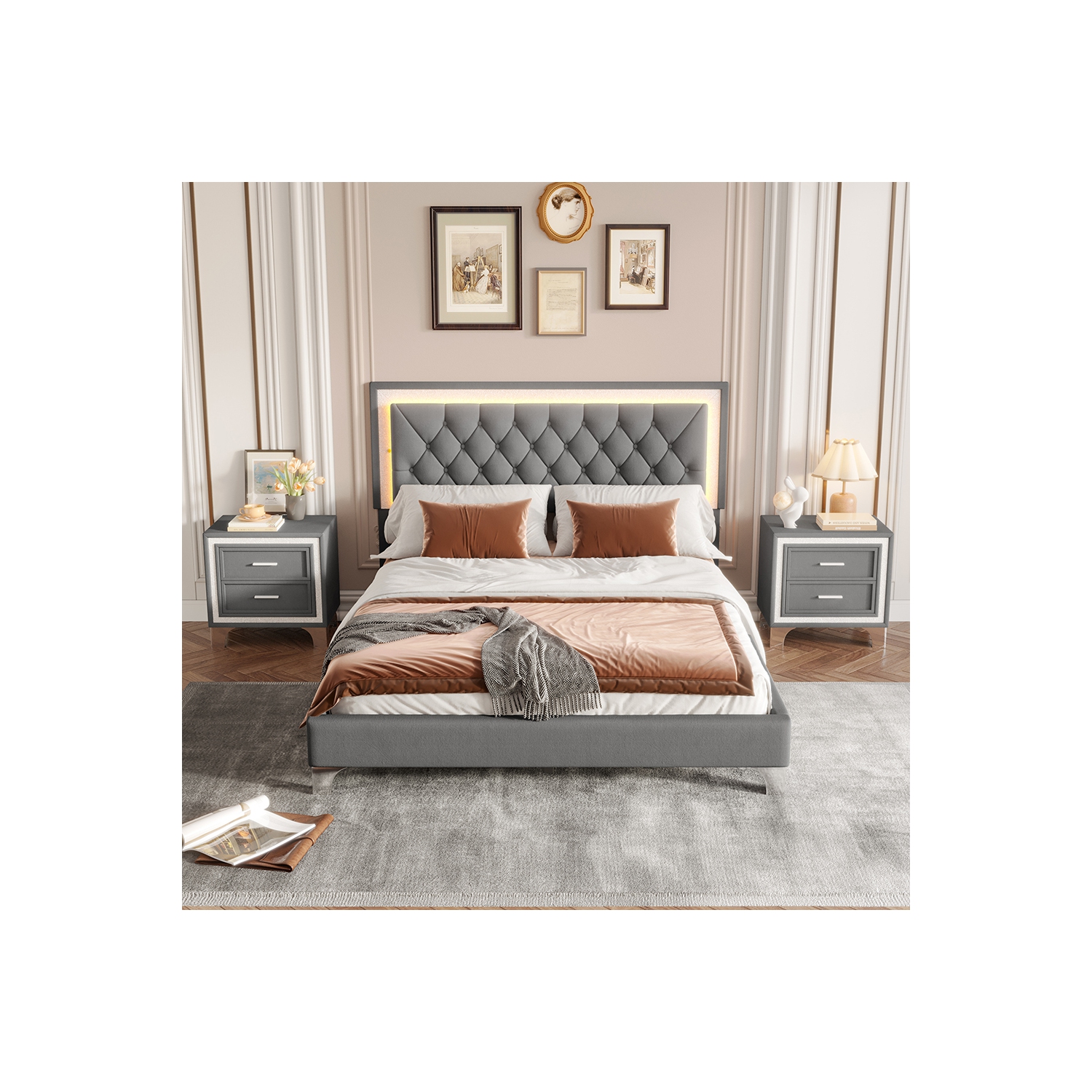 Ensembles 3 pièces pour chambre Kepooman, grand lit plateforme rembourré avec éclairage LED et 2 tables de chevet - Gris