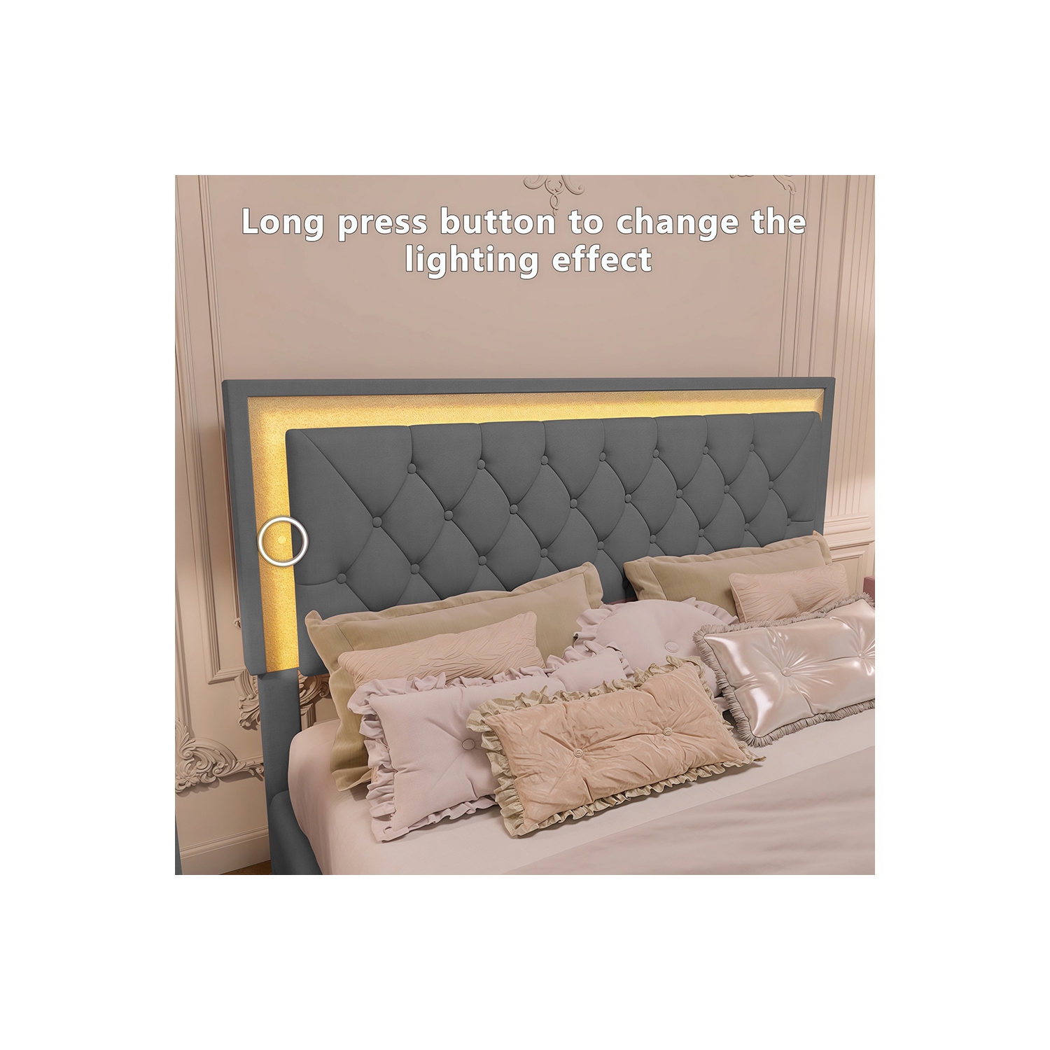 Ensembles 3 pièces pour chambre Kepooman, grand lit plateforme rembourré avec éclairage LED et 2 tables de chevet - Gris