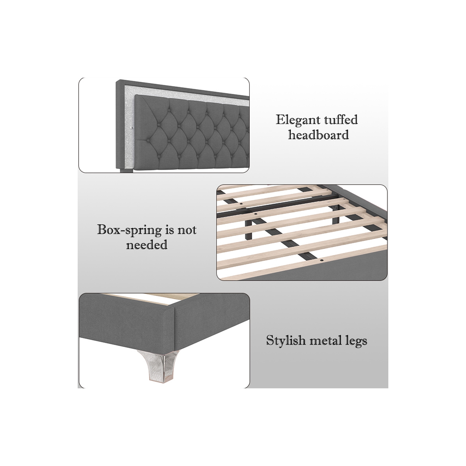 Ensembles 3 pièces pour chambre Kepooman, grand lit plateforme rembourré avec éclairage LED et 2 tables de chevet - Gris